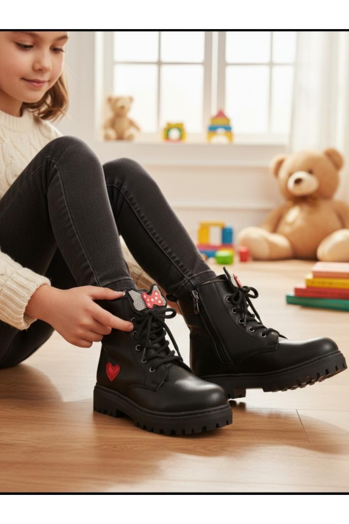 Kız Çocuk Suya Soğuk Havaya Dayanıklı Minnie Figürlü Kışlık Siyah Rugan Bot Ayakkabı - Görsel 2