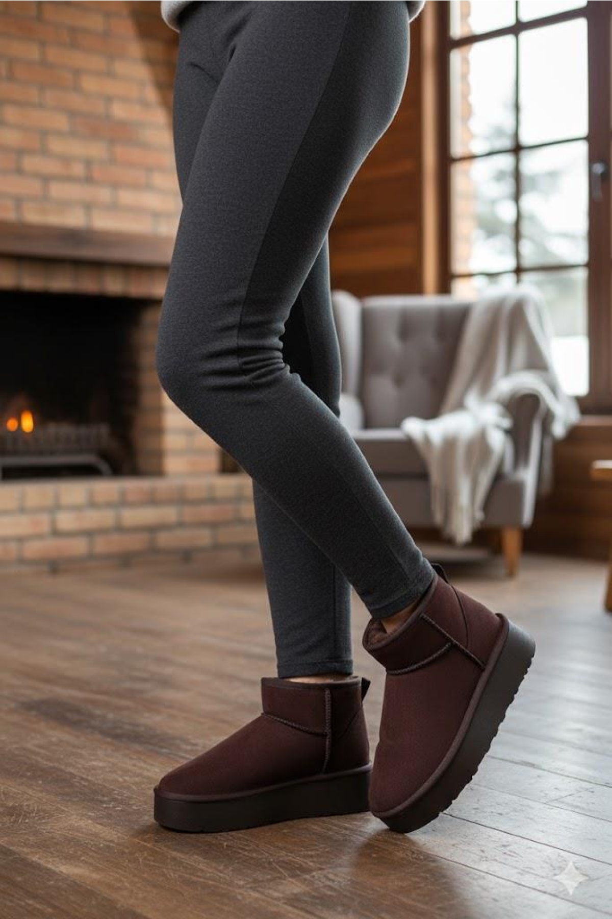 Elanaz Süet İçi Kürklü Kalın Taban Mini Boy Bilekte Kısa Kadın Bot - Görsel 3