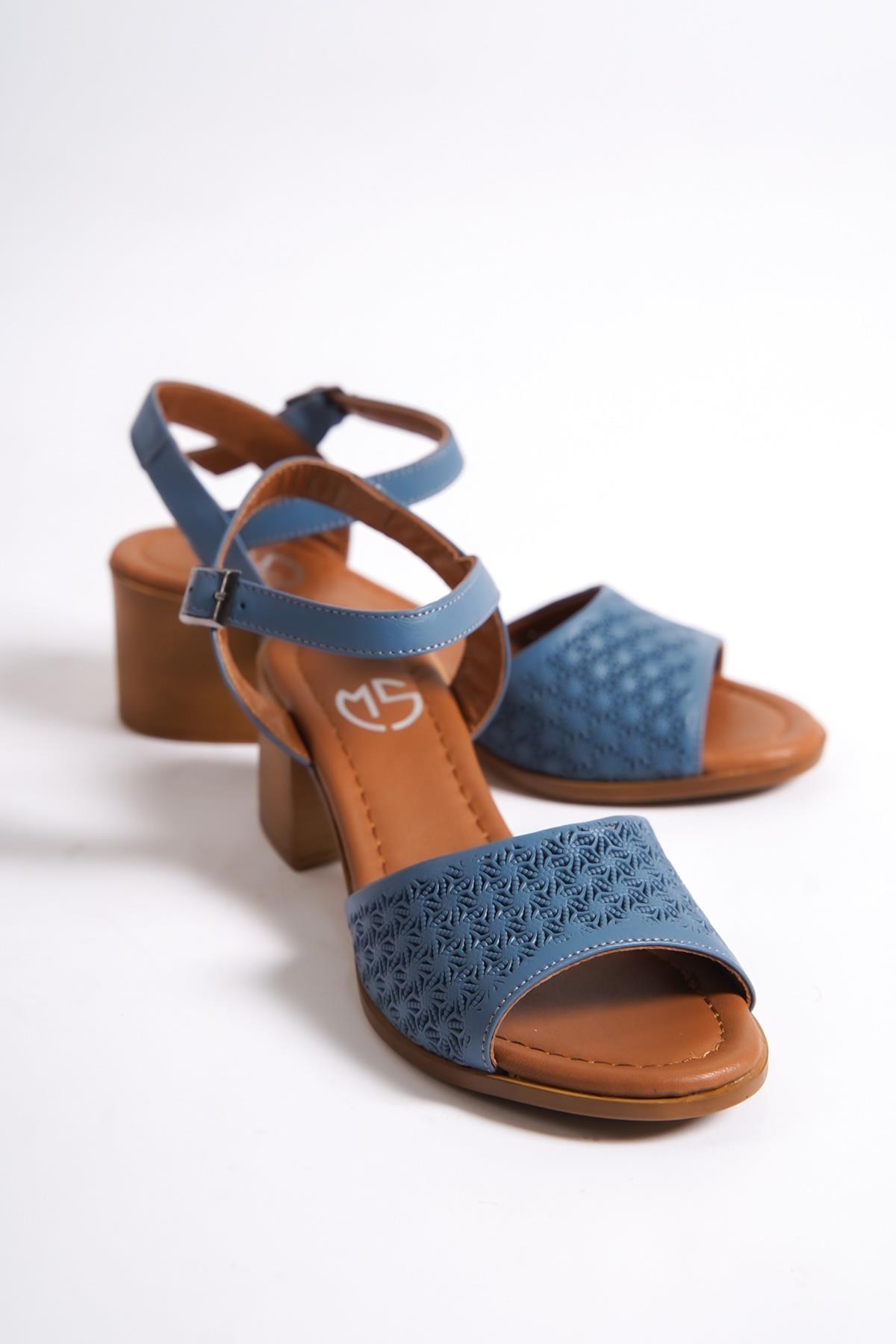 Lita Hakiki Deri Mavi Kalın Topuklu Günlük Sandalet - Görsel 5