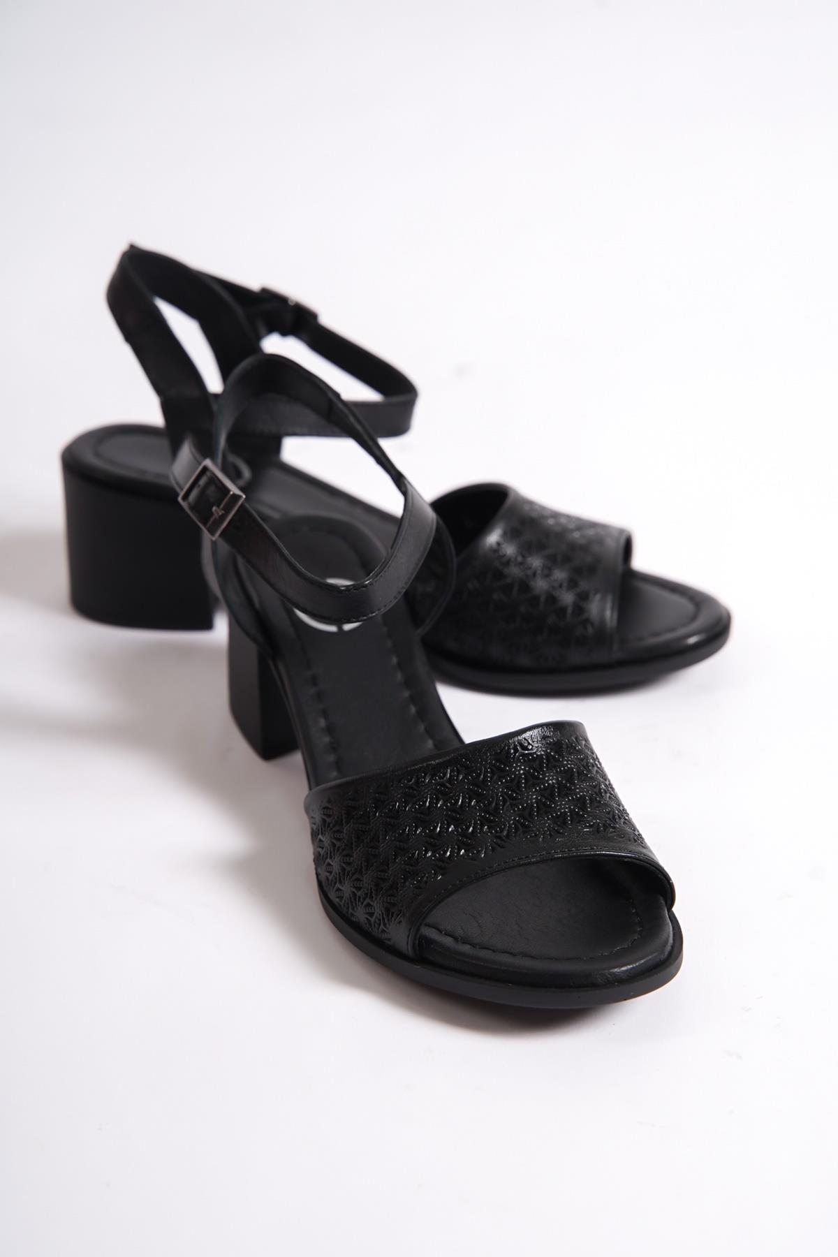 Lita Hakiki Deri Siyah Kalın Topuklu Günlük Sandalet - Görsel 5