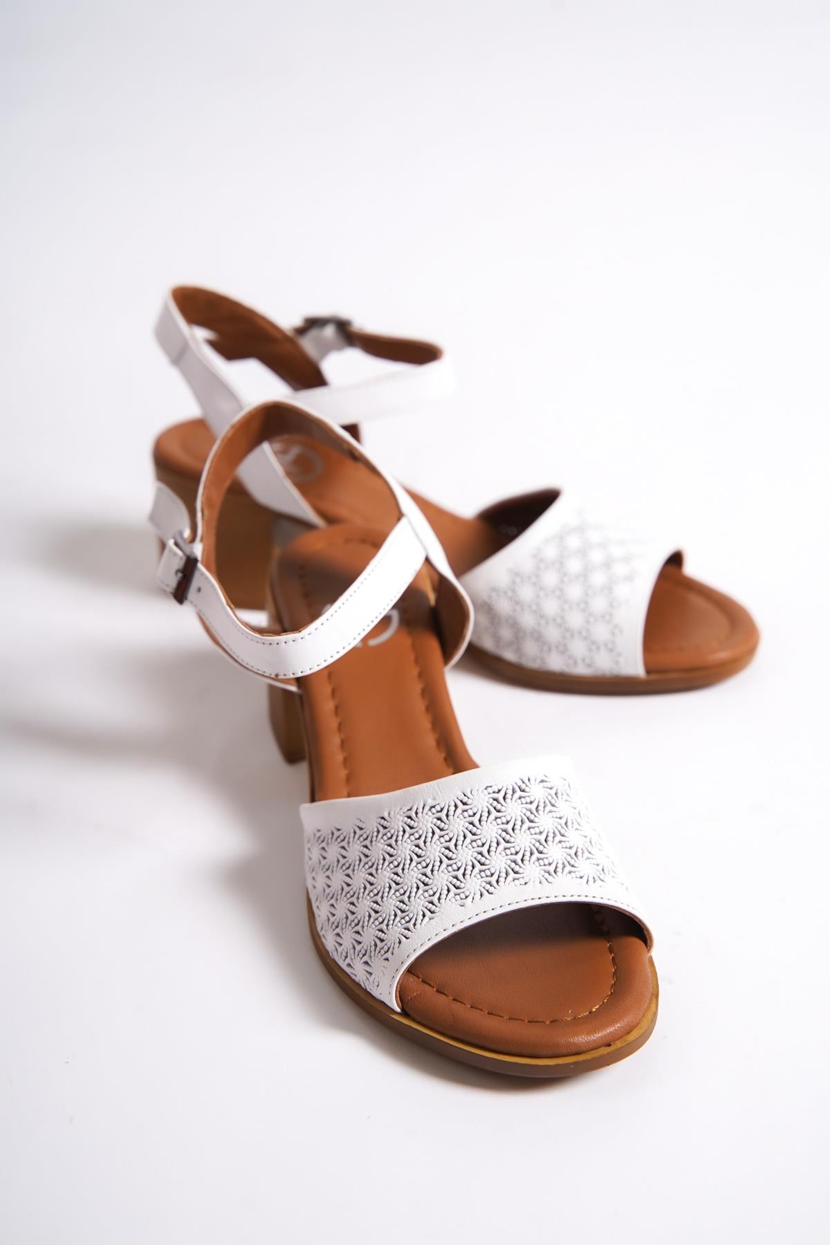 Lita Hakiki Deri Beyaz Kalın Topuklu Günlük Sandalet - Görsel 5
