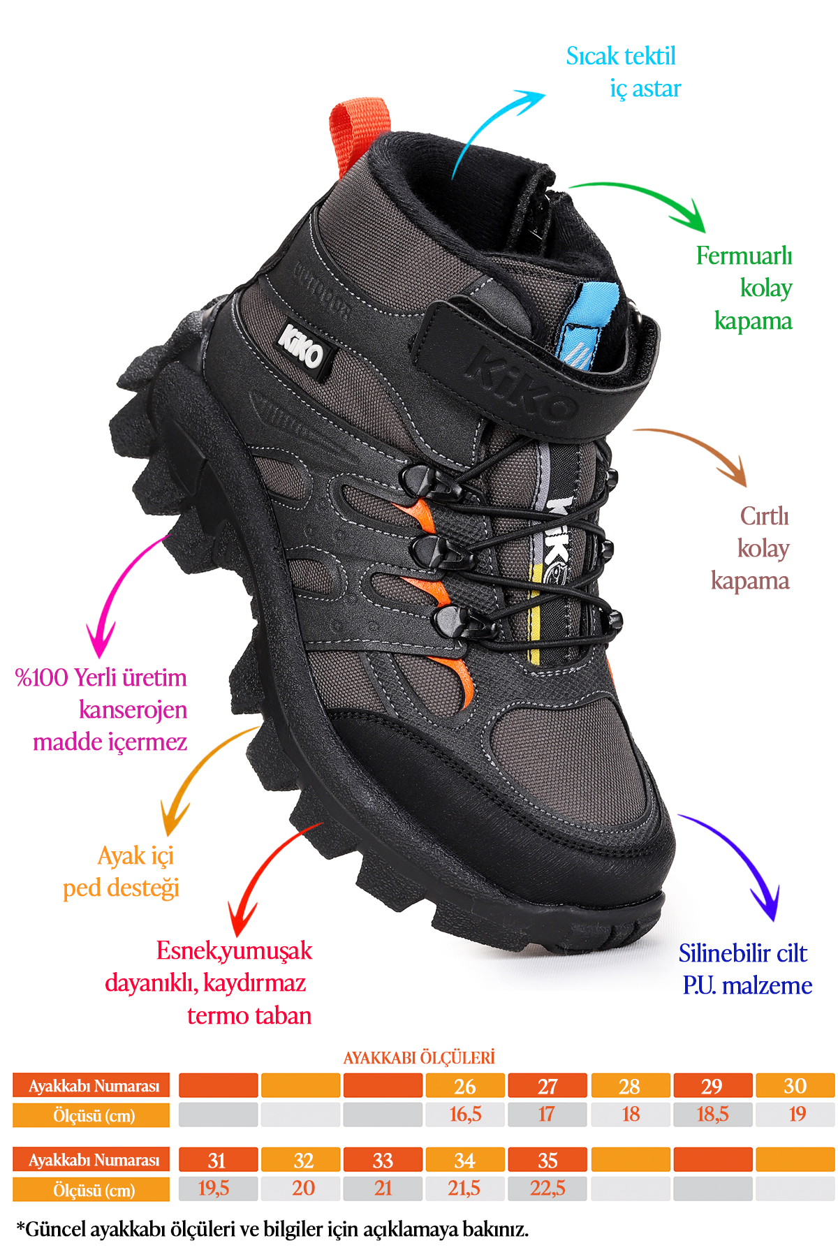 Sumy Termo Taban Cırtlı Erkek Çocuk Spor Bot Ayakkabı Siyah - Füme - Turuncu - Görsel 3