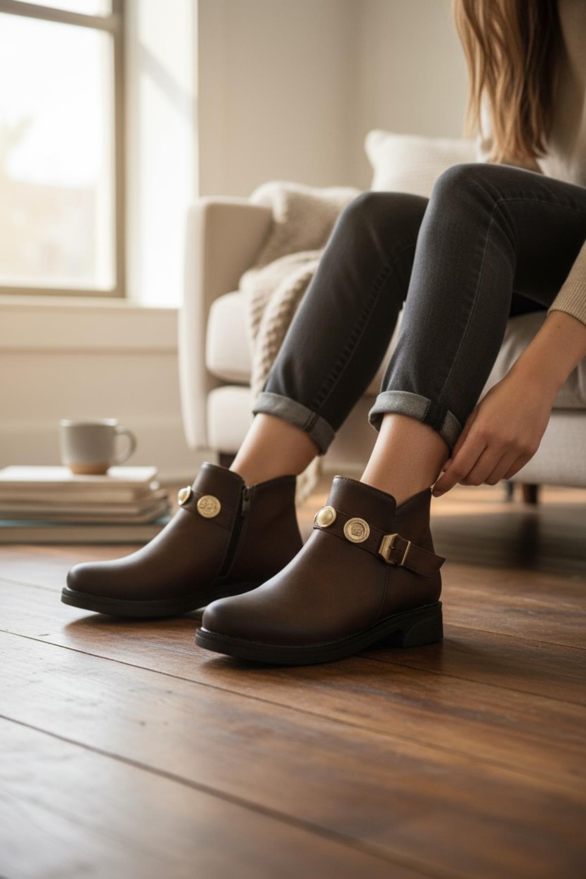 4569 Kadın Bot Ayakkabı Kaymaz Taban Fermuarlı Günlük Kadın Bot - Görsel 2