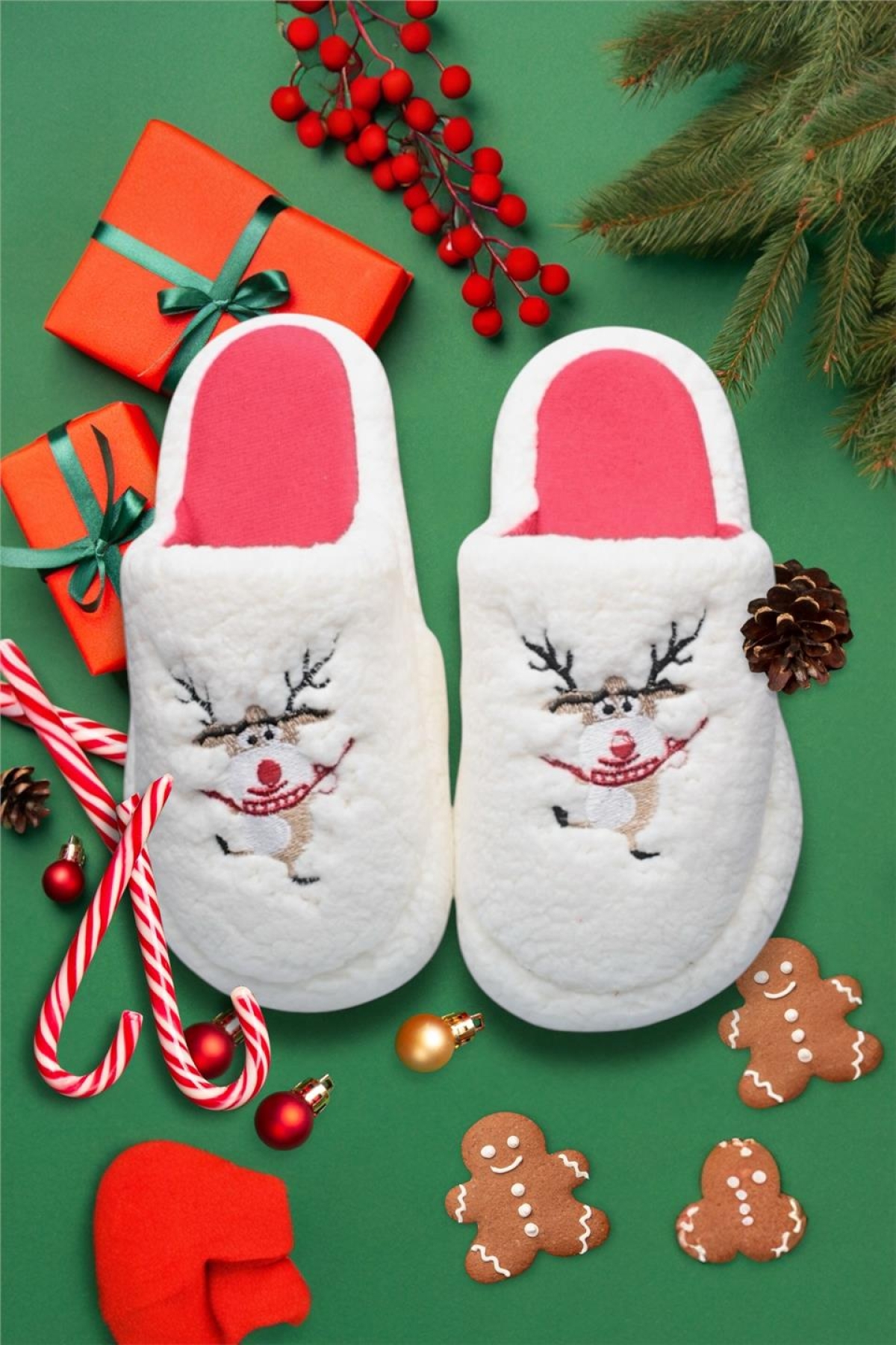 Kadın Pofuduk Nakışlı Ev Terliği Çeyiz Bohça Terliği Valentine's Day BEYAZ - BEJ - Görsel 2