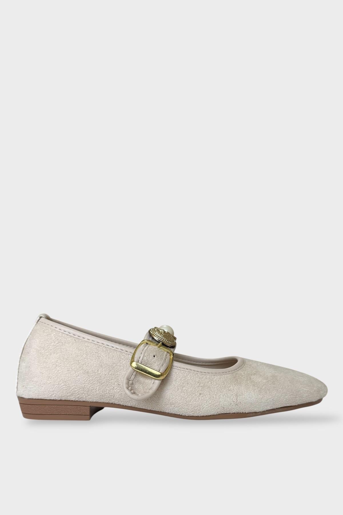 Kadın İnci ve Mühür Aksesuar Bantlı Babet KREM - BEJ - Görsel 2