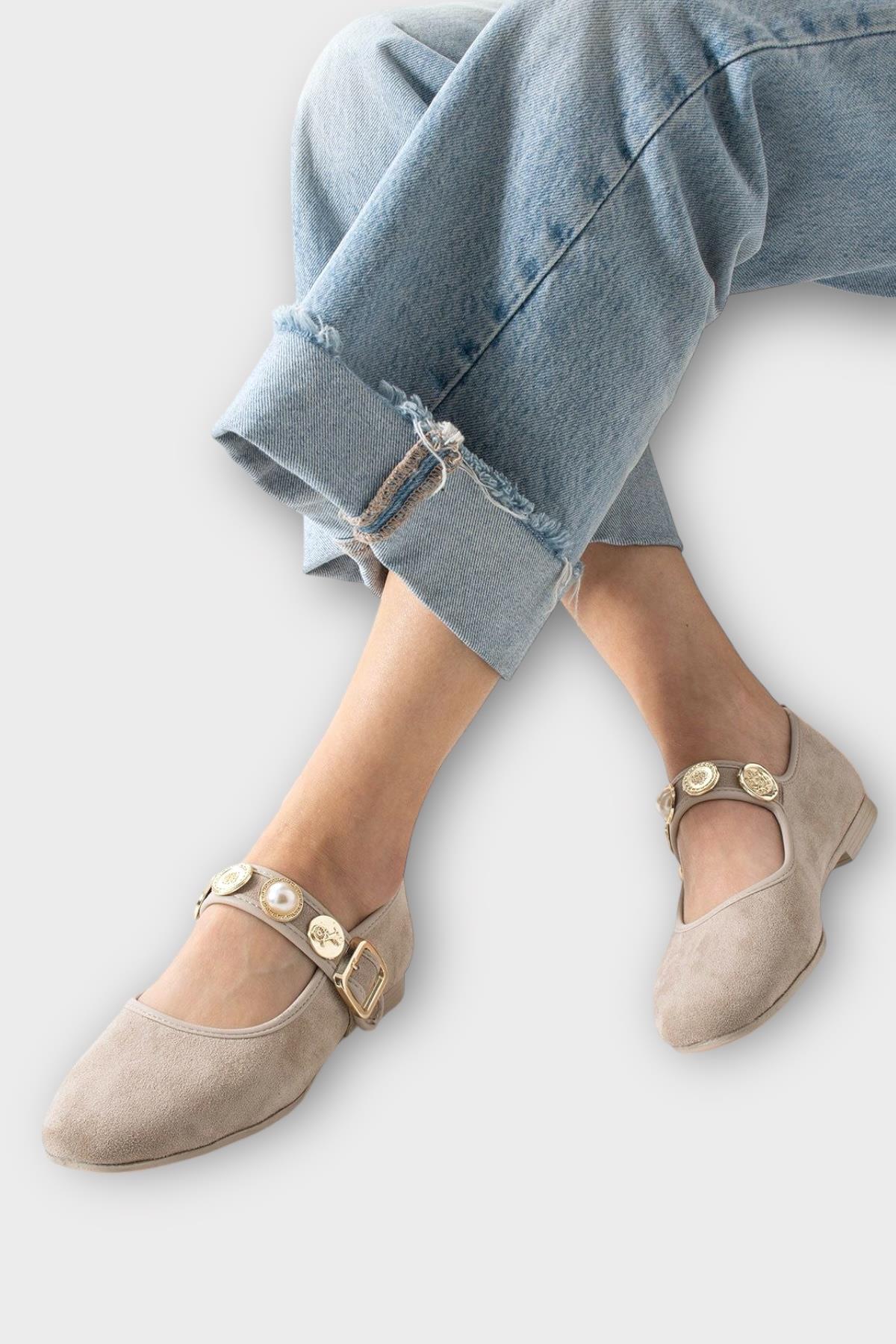 Kadın İnci ve Mühür Aksesuar Bantlı Babet KREM - BEJ - Görsel 4