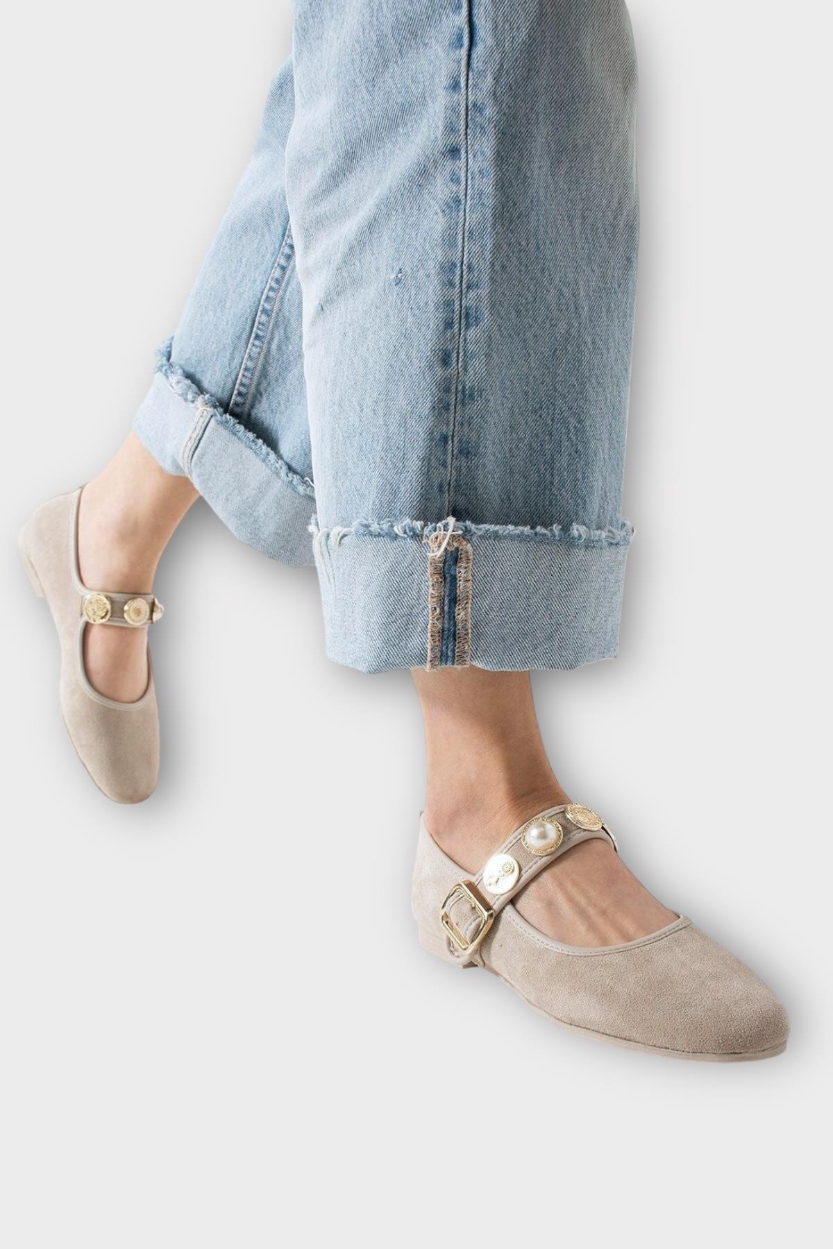 Kadın İnci ve Mühür Aksesuar Bantlı Babet KREM - BEJ - Görsel 5