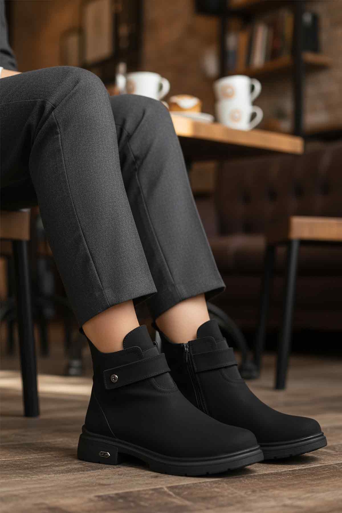 Siyah Nubuk Kürklü Kaymaz Soğuğa Dirençli Kadın Bot PC-55336 Z - Görsel 4