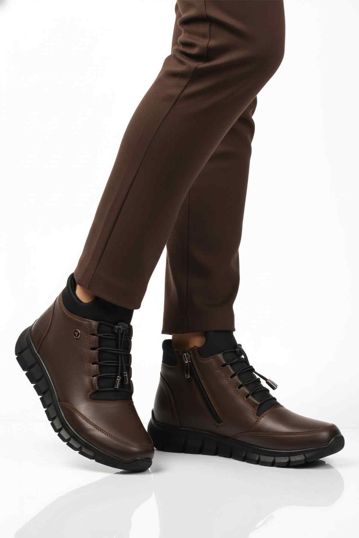 Kahve Hakiki Deri İçi Polarlı Kaymaz Fermuarlı Kadın Bot 3615 Z - Görsel 2