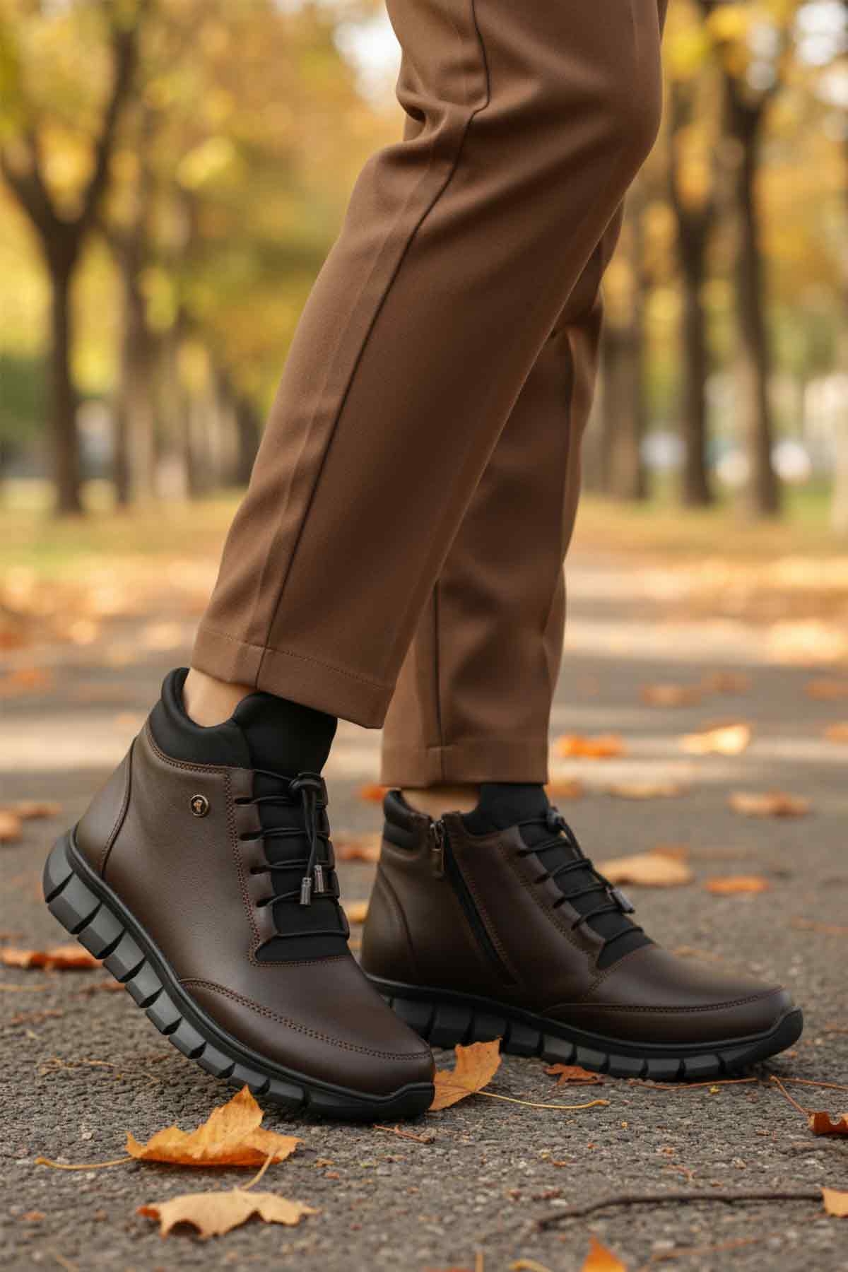 Kahve Hakiki Deri İçi Polarlı Kaymaz Fermuarlı Kadın Bot 3615 Z - Görsel 4