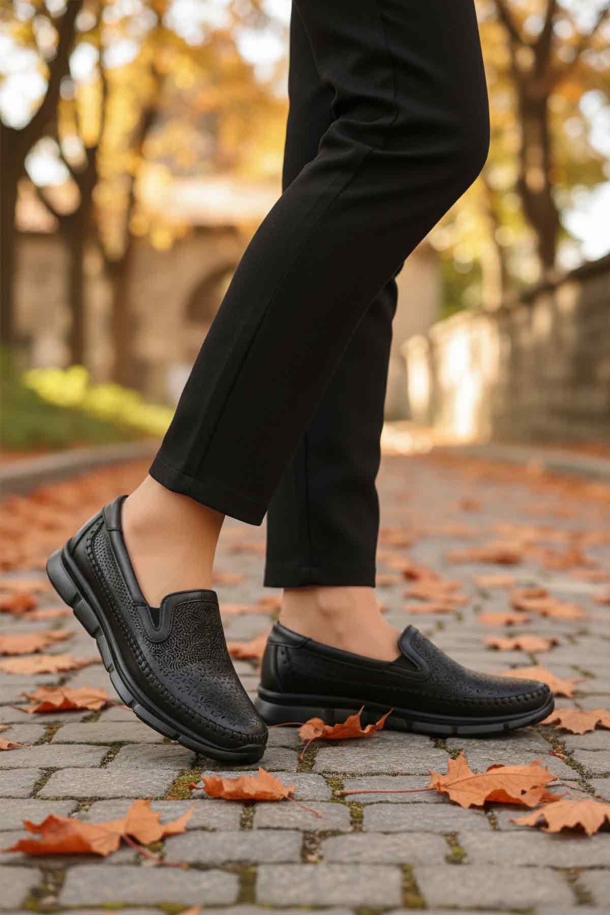 Siyah Hakiki Deri Ortopedik Kadın Casual Ayakkabı 608 Z - Görsel 4
