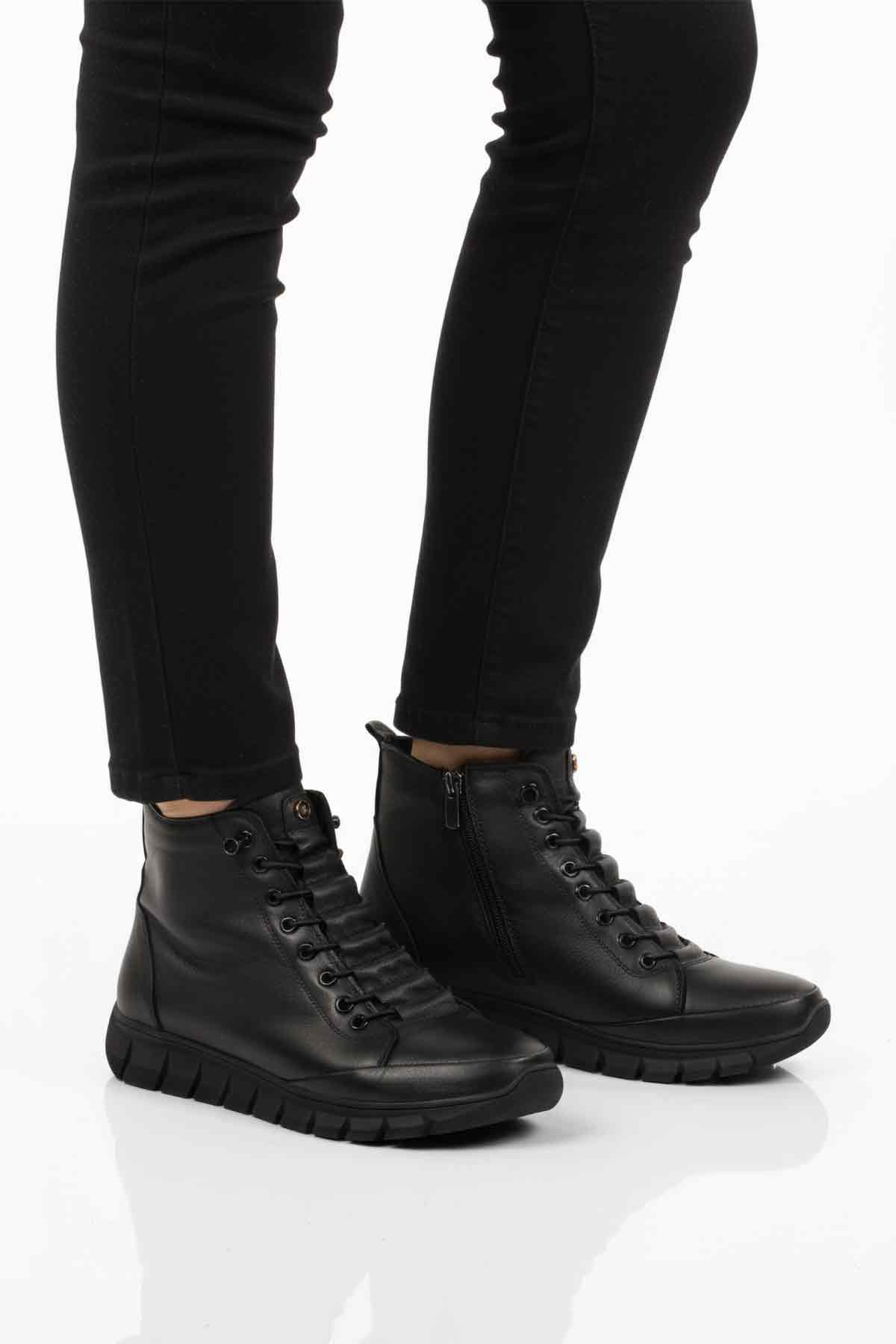 Siyah Hakiki Deri İçi Polarlı Kaymaz Fermuarlı Kadın Bot 3910 Z - Görsel 2