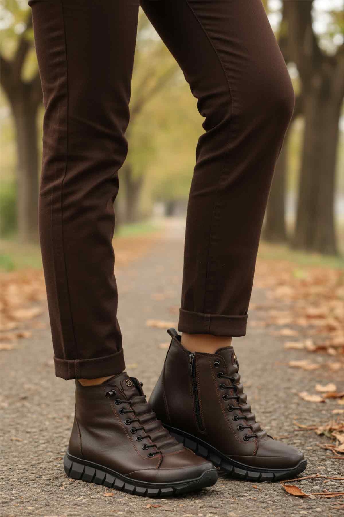 Kahve Hakiki Deri İçi Polarlı Kaymaz Fermuarlı Kadın Bot 3910 Z - Görsel 4