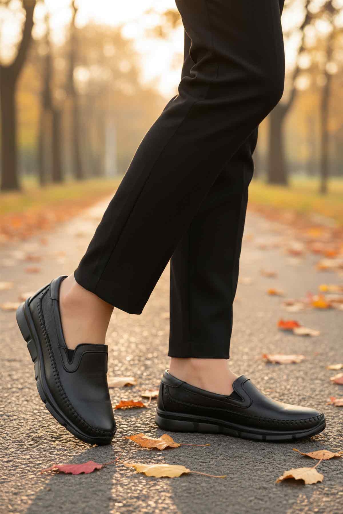 Siyah Hakiki Deri Ortopedik Kadın Casual Ayakkabı 602 Z - Görsel 4