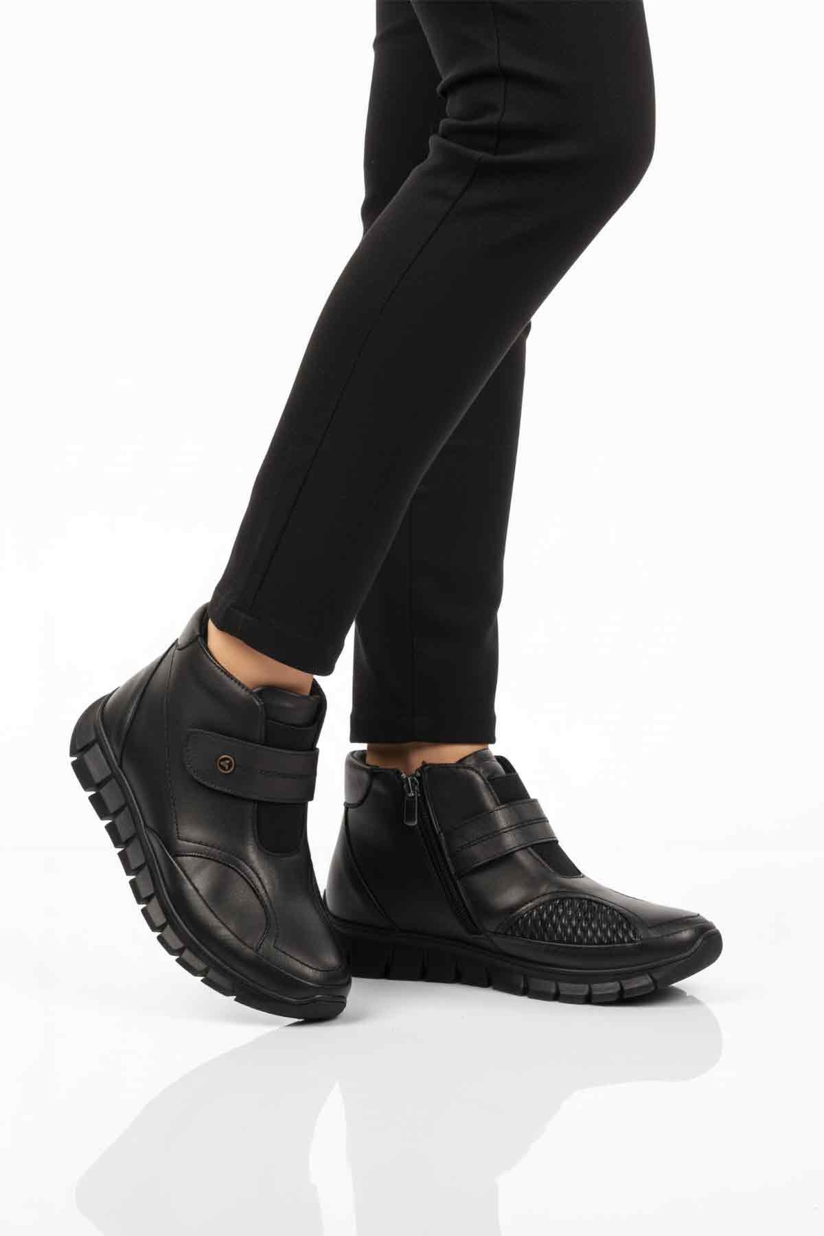 Siyah Hakiki Deri İçi Polarlı Cırtlı Fermuarlı Kaymaz Kadın Bot 3609 Z - Görsel 2
