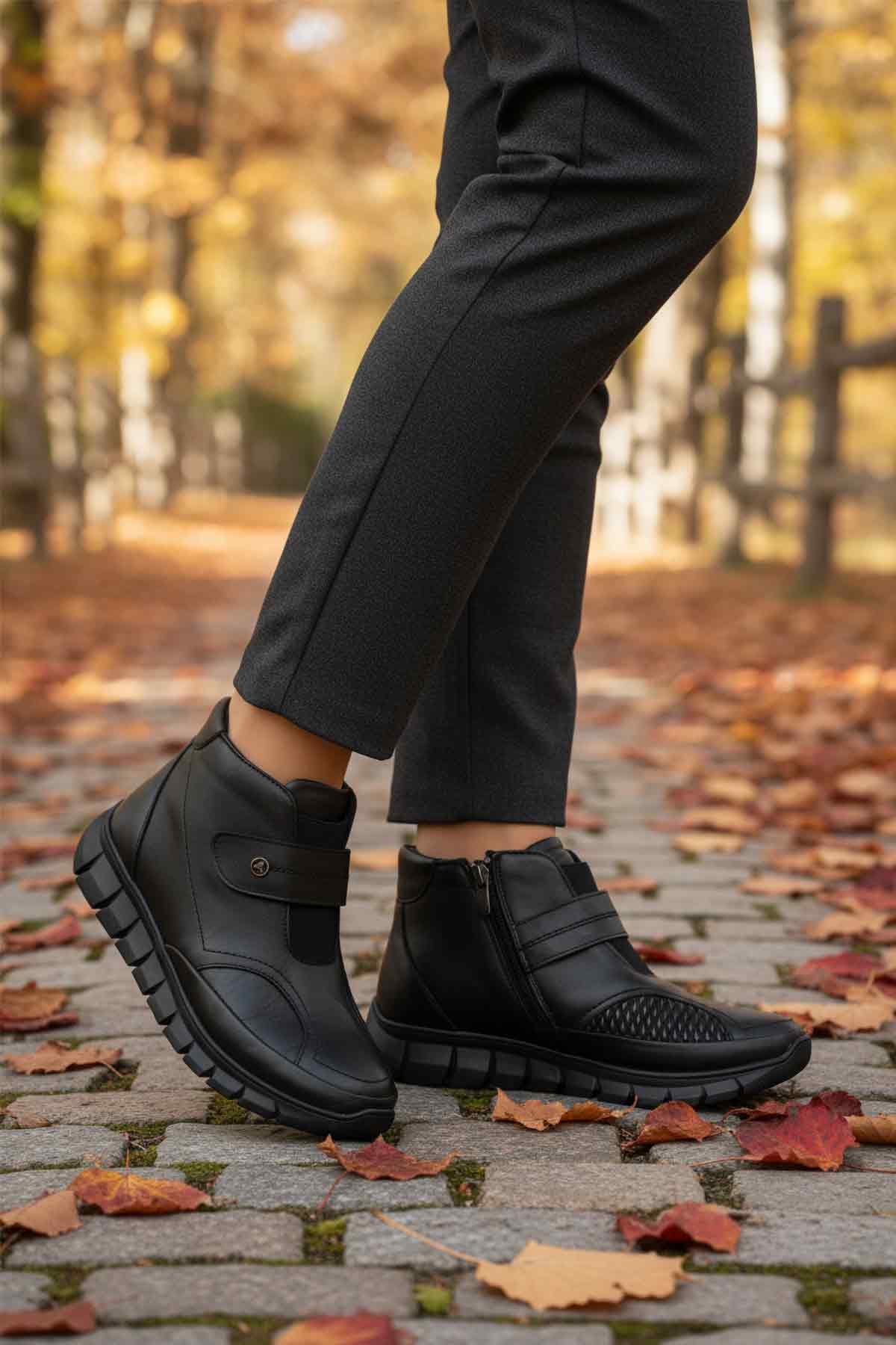 Siyah Hakiki Deri İçi Polarlı Cırtlı Fermuarlı Kaymaz Kadın Bot 3609 Z - Görsel 4