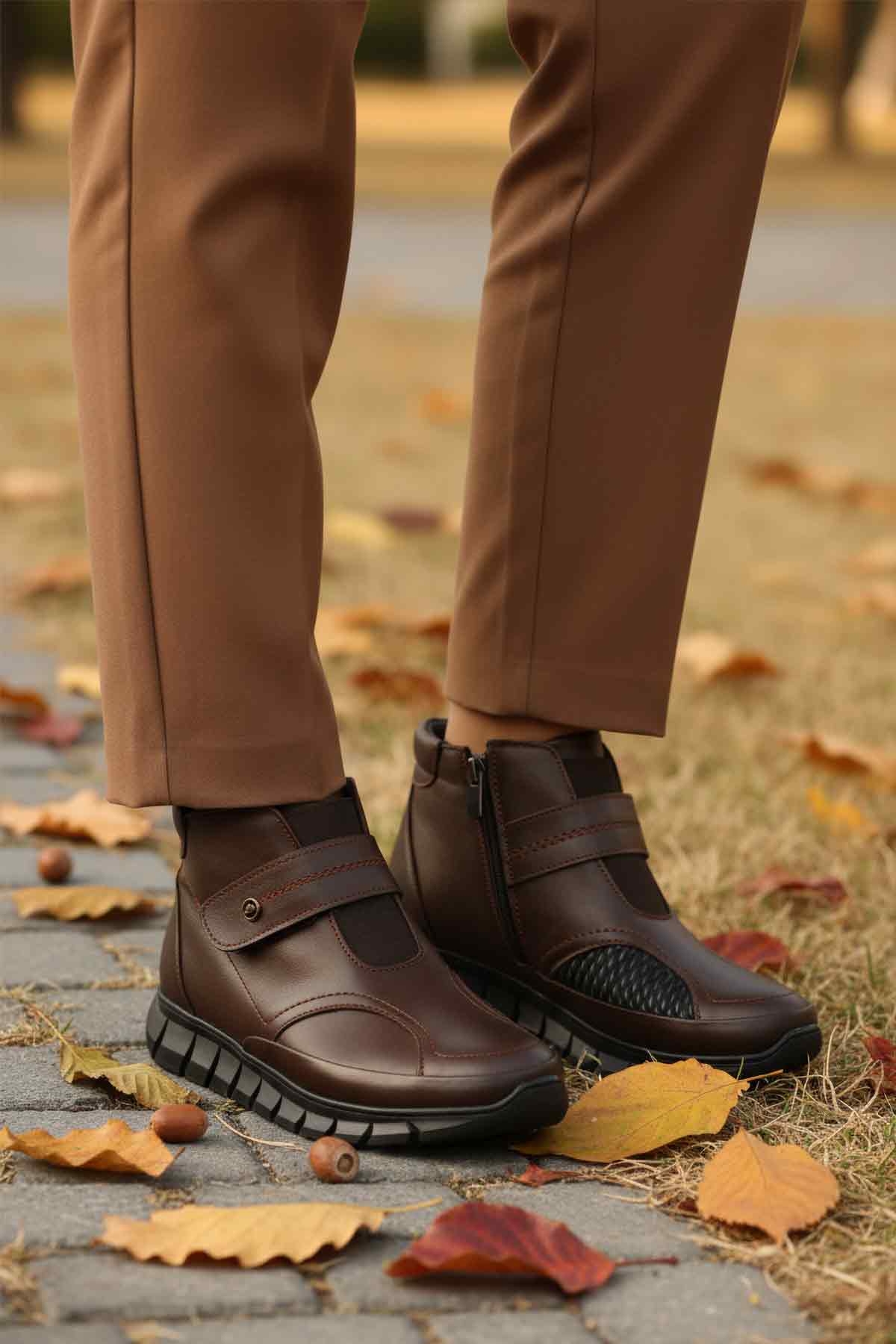 Kahve Hakiki Deri İçi Polarlı Cırtlı Fermuarlı Kaymaz Kadın Bot 3609 Z - Görsel 4