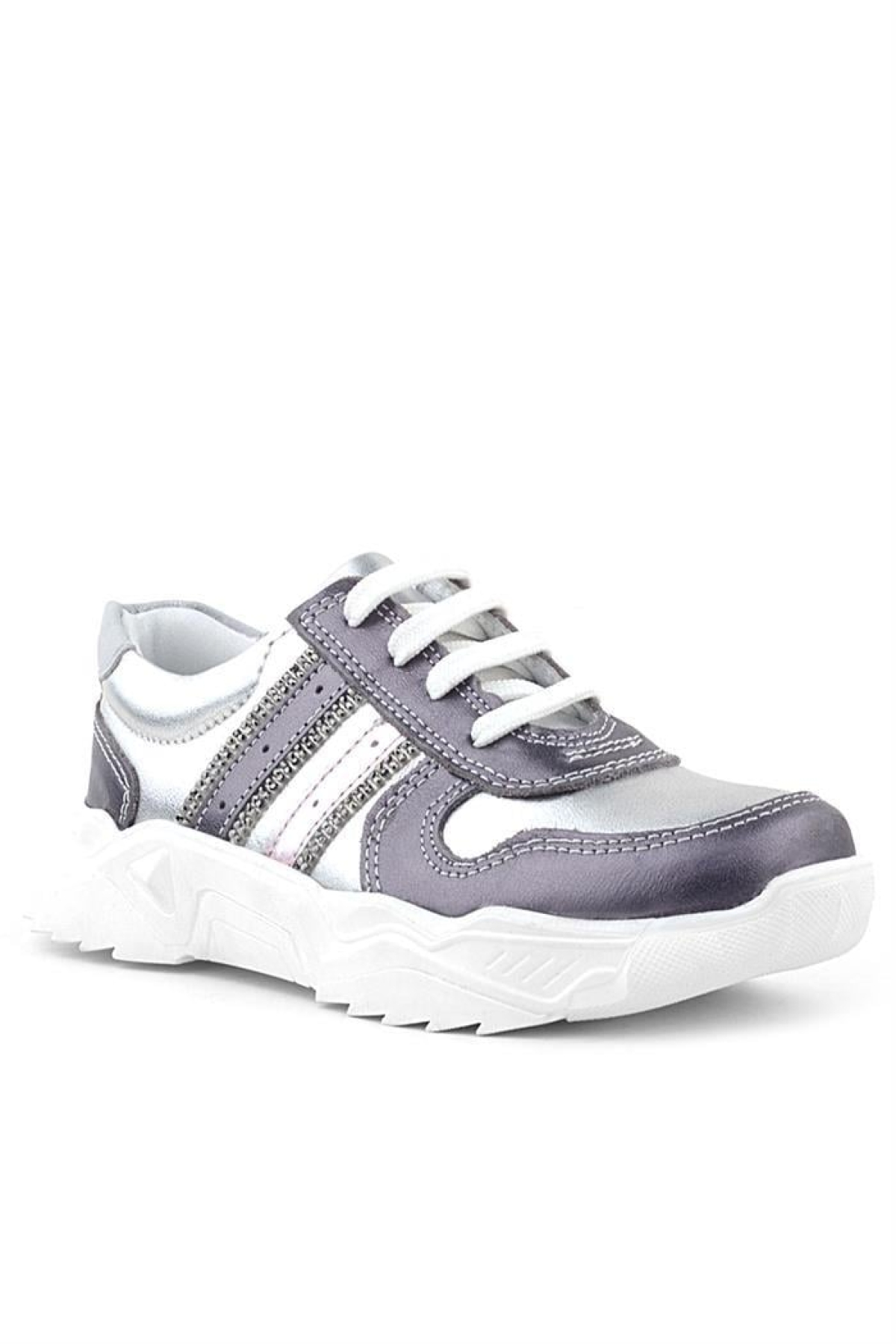 Hakiki Deri Platin Pembe Parlak Taşlı Kız Çocuk Sneakers Ayakkabı - Görsel 2