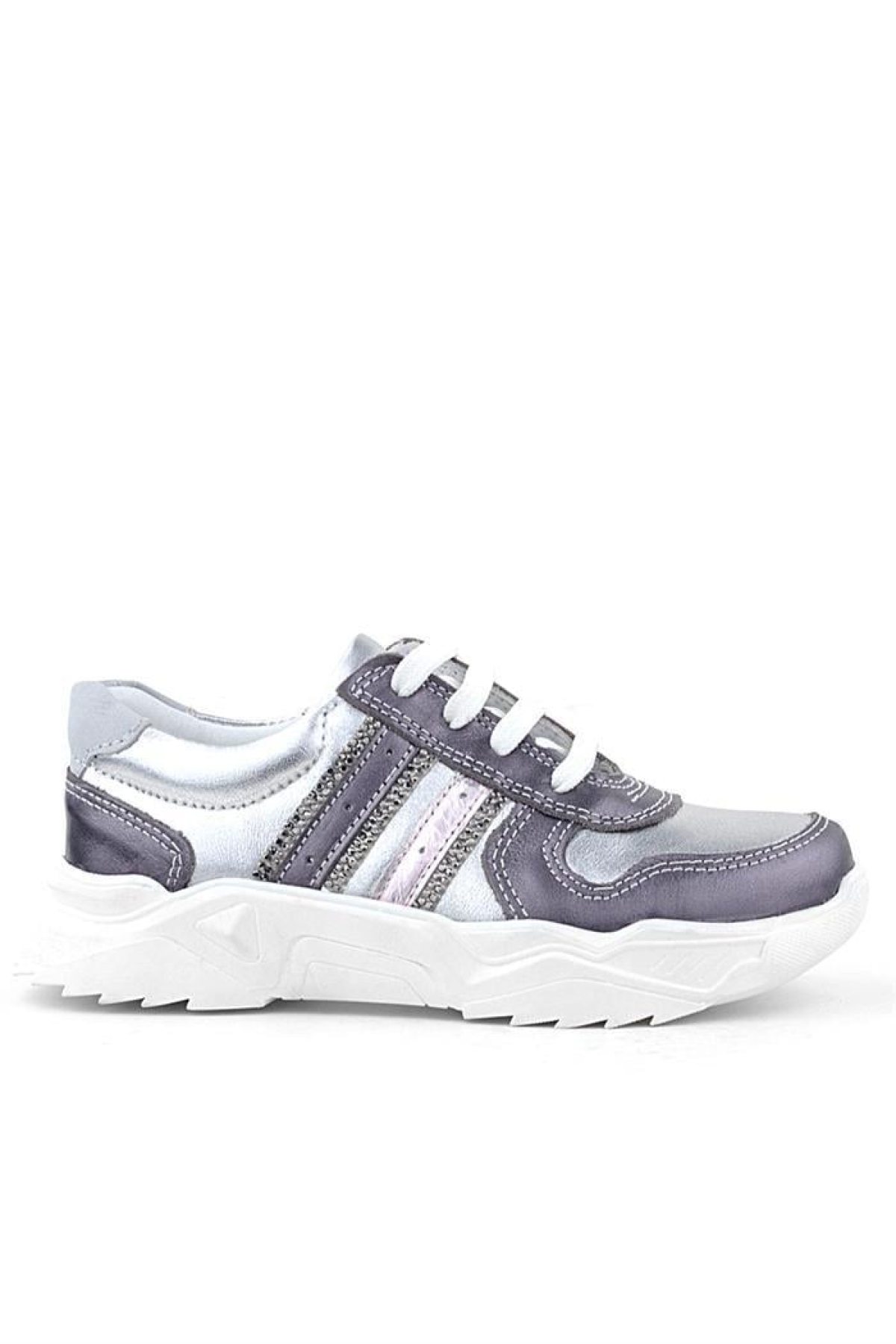 Hakiki Deri Platin Pembe Parlak Taşlı Kız Çocuk Sneakers Ayakkabı - Görsel 3