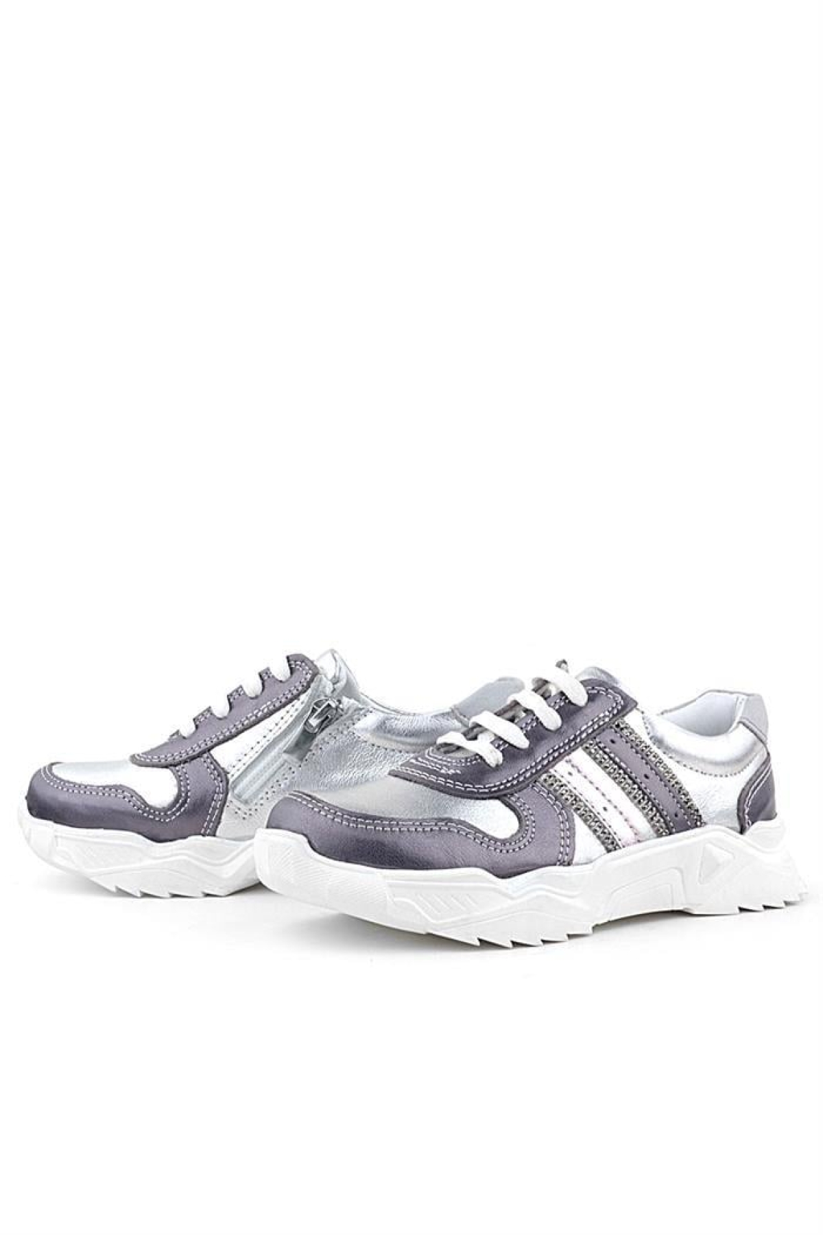 Hakiki Deri Platin Pembe Parlak Taşlı Kız Çocuk Sneakers Ayakkabı - Görsel 6