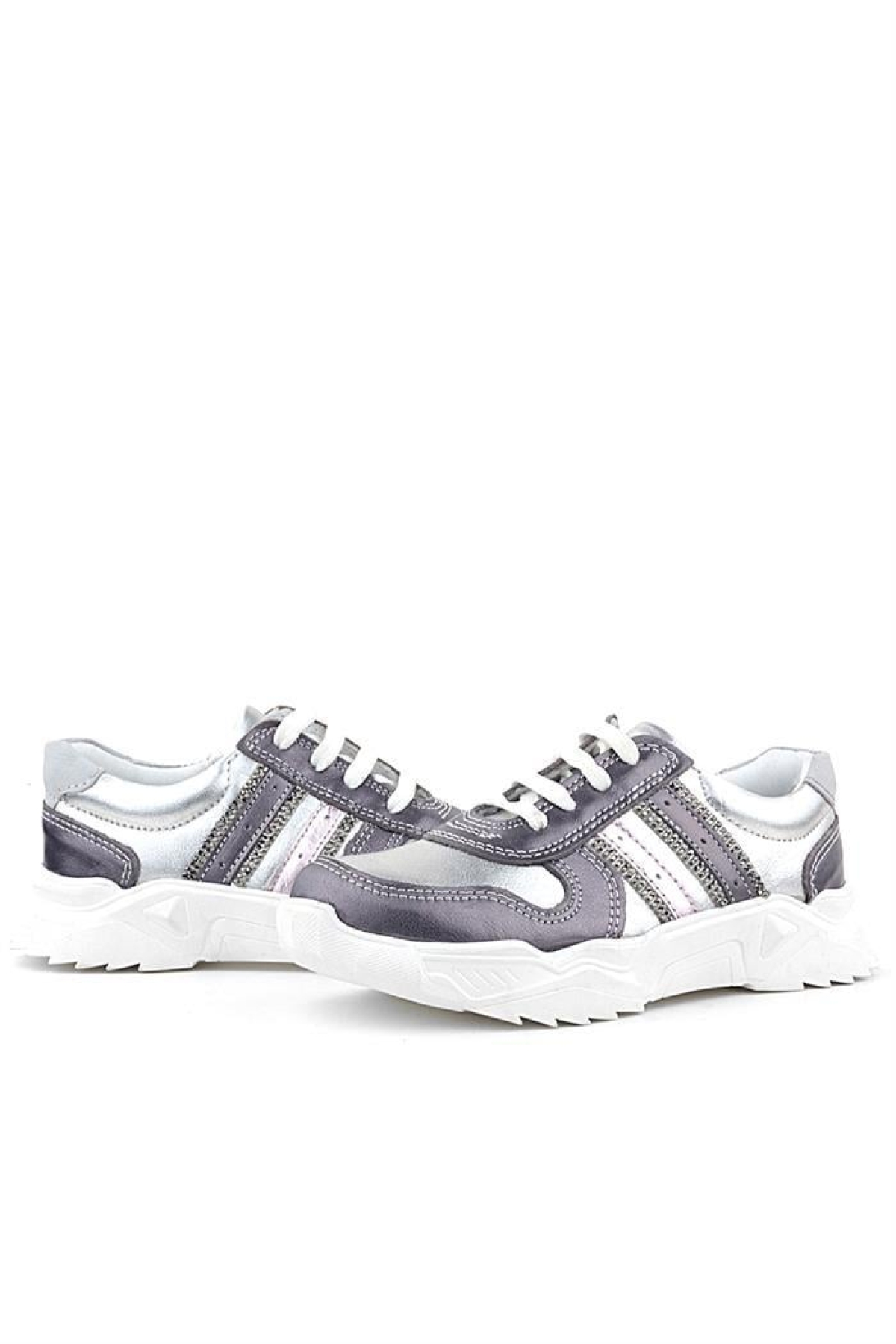 Hakiki Deri Platin Pembe Parlak Taşlı Kız Çocuk Sneakers Ayakkabı - Görsel 7