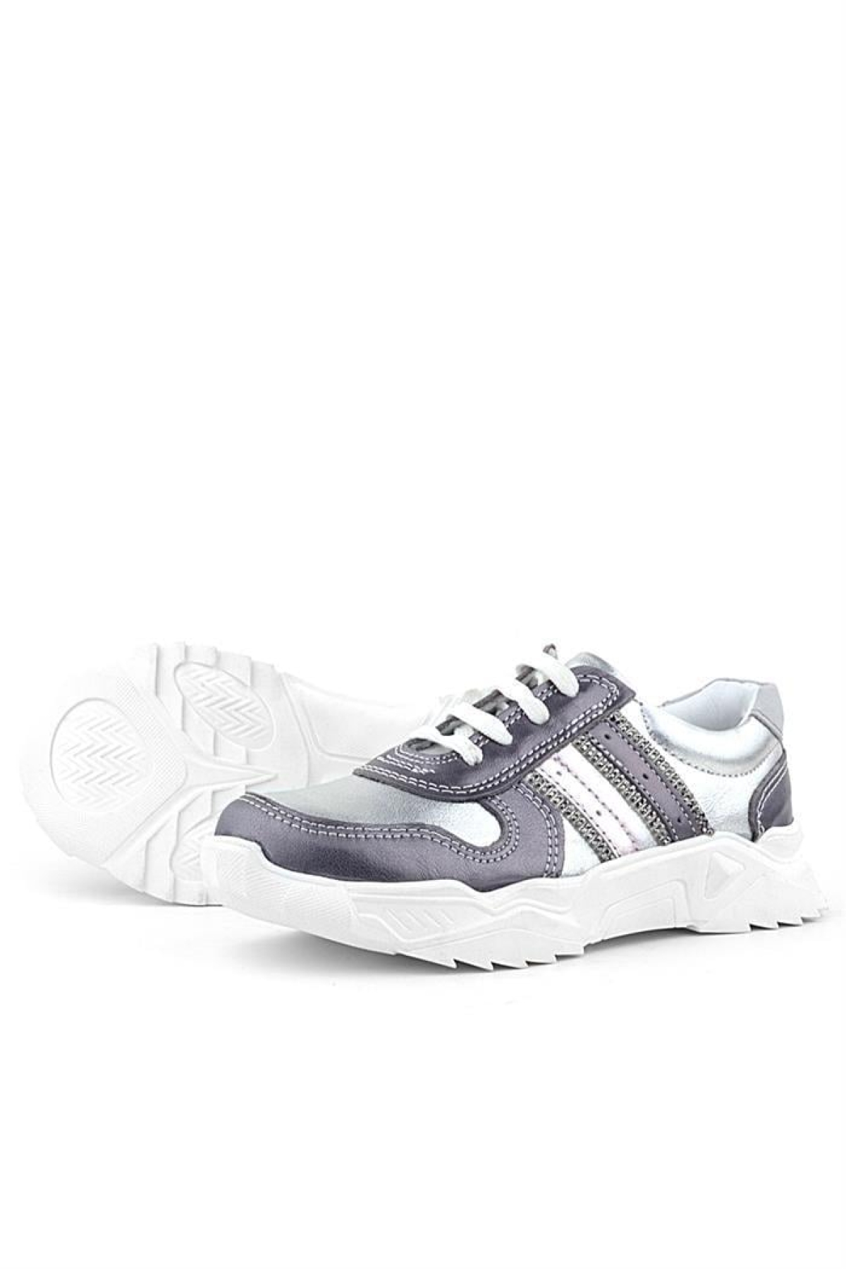 Hakiki Deri Platin Pembe Parlak Taşlı Kız Çocuk Sneakers Ayakkabı - Görsel 8