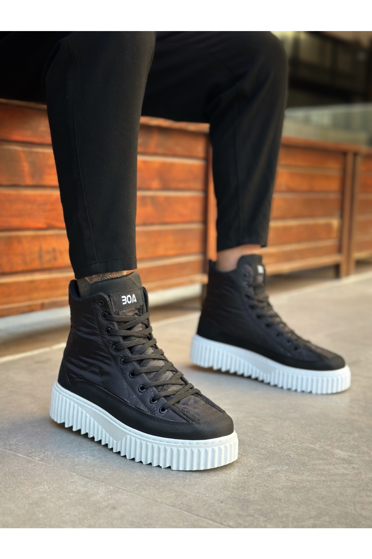 Bağcıklı Paraşüt Kumaş Siyah Detaylı Erkek Spor Bot SİYAH (BEYAZ TABAN) - Görsel 4