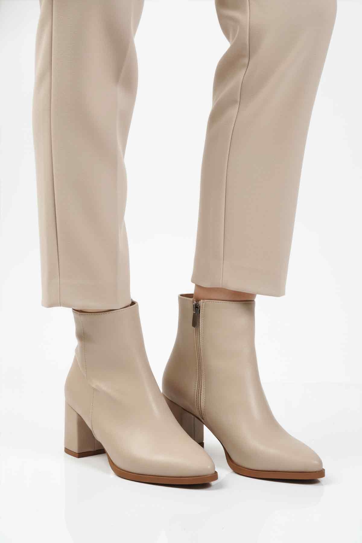 Aspor Bej Fermuarlı Polarlı Kadın Topuklu Bot - Görsel 2