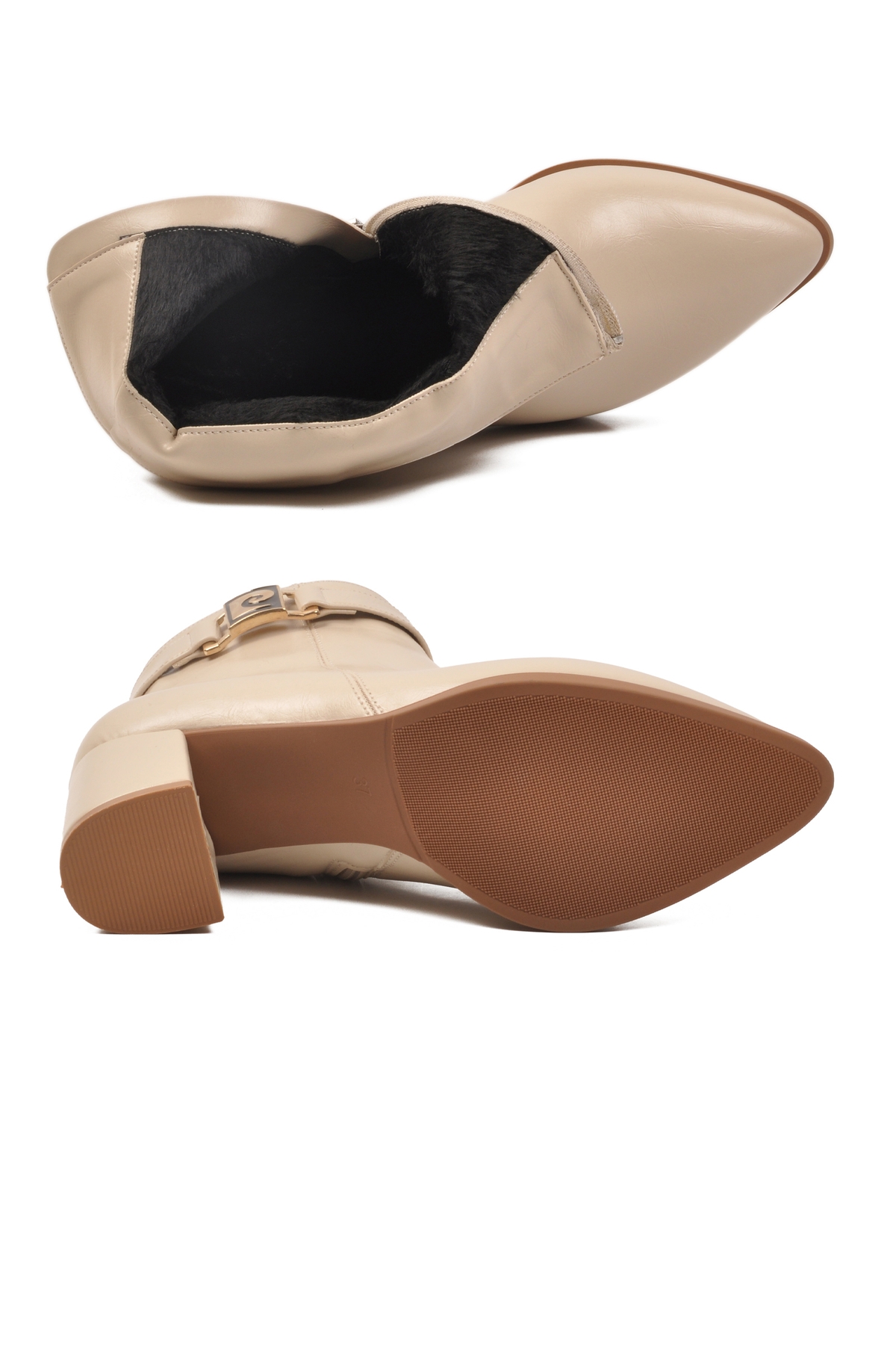 Krem İçi Kürklü Fermuarlı Kadın Topuklu Bot - Görsel 6