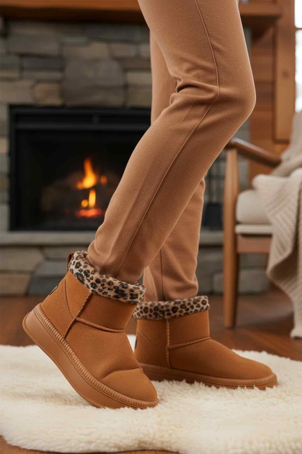 Aspor Taba Leopar Kürklü Kadın Düz Bot - Görsel 4