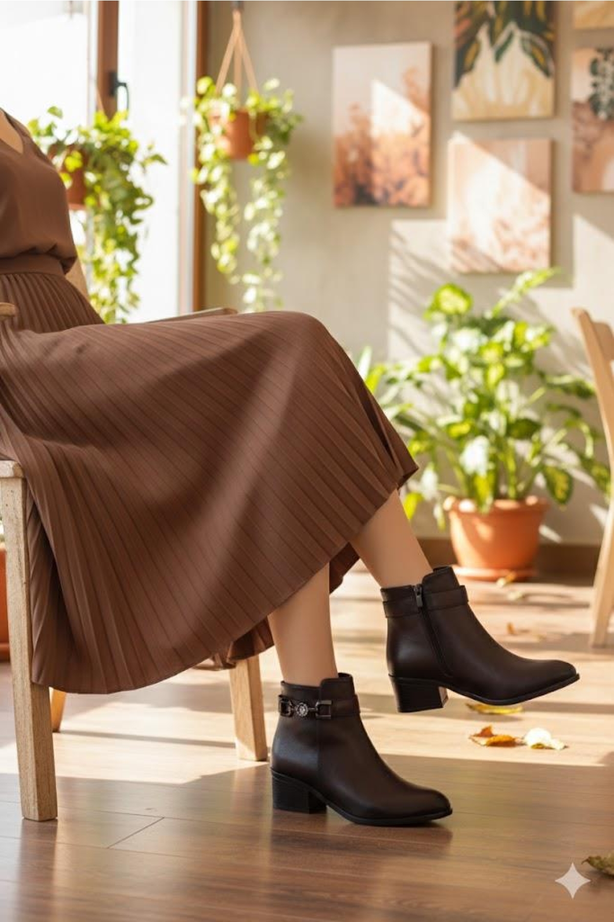 1094 Rahat Esnek Toka Detaylı Sıcak Astar 4 Cm yüksek Topuk Kadın Bot - Görsel 3