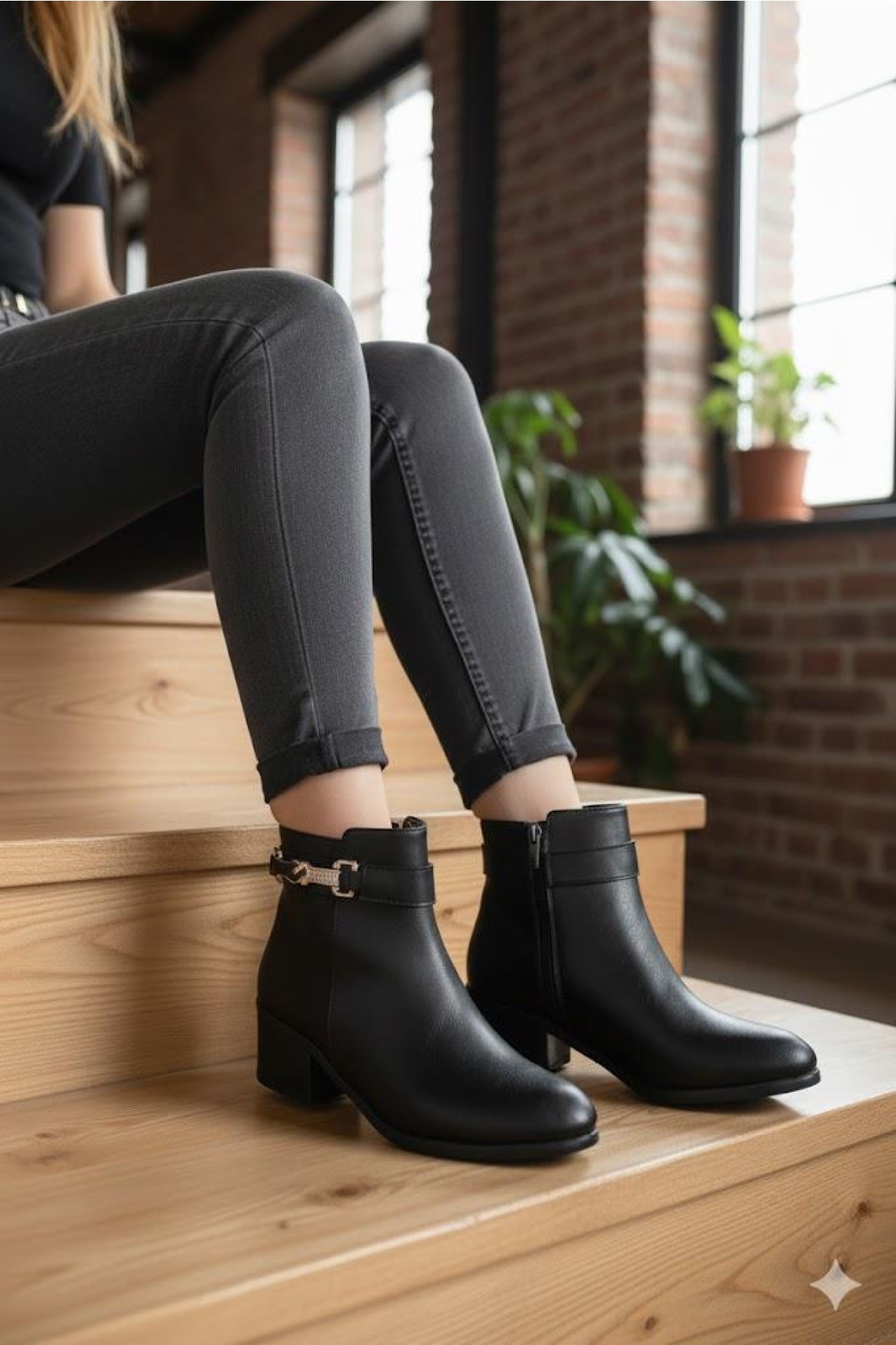 1092 Rahat Esnek Toka Detaylı Sıcak Astar 4 Cm yüksek Topuk Kadın Bot - Görsel 4