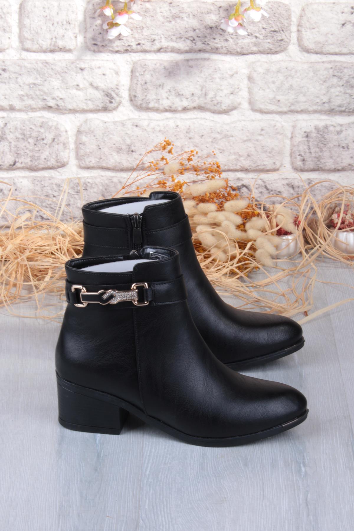 1092 Rahat Esnek Toka Detaylı Sıcak Astar 4 Cm yüksek Topuk Kadın Bot - Görsel 6