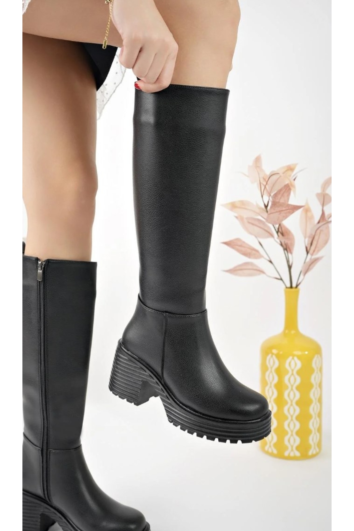 Seribo Kalın Topuk Streç Suni Deri Kadın Çizme - Görsel 2