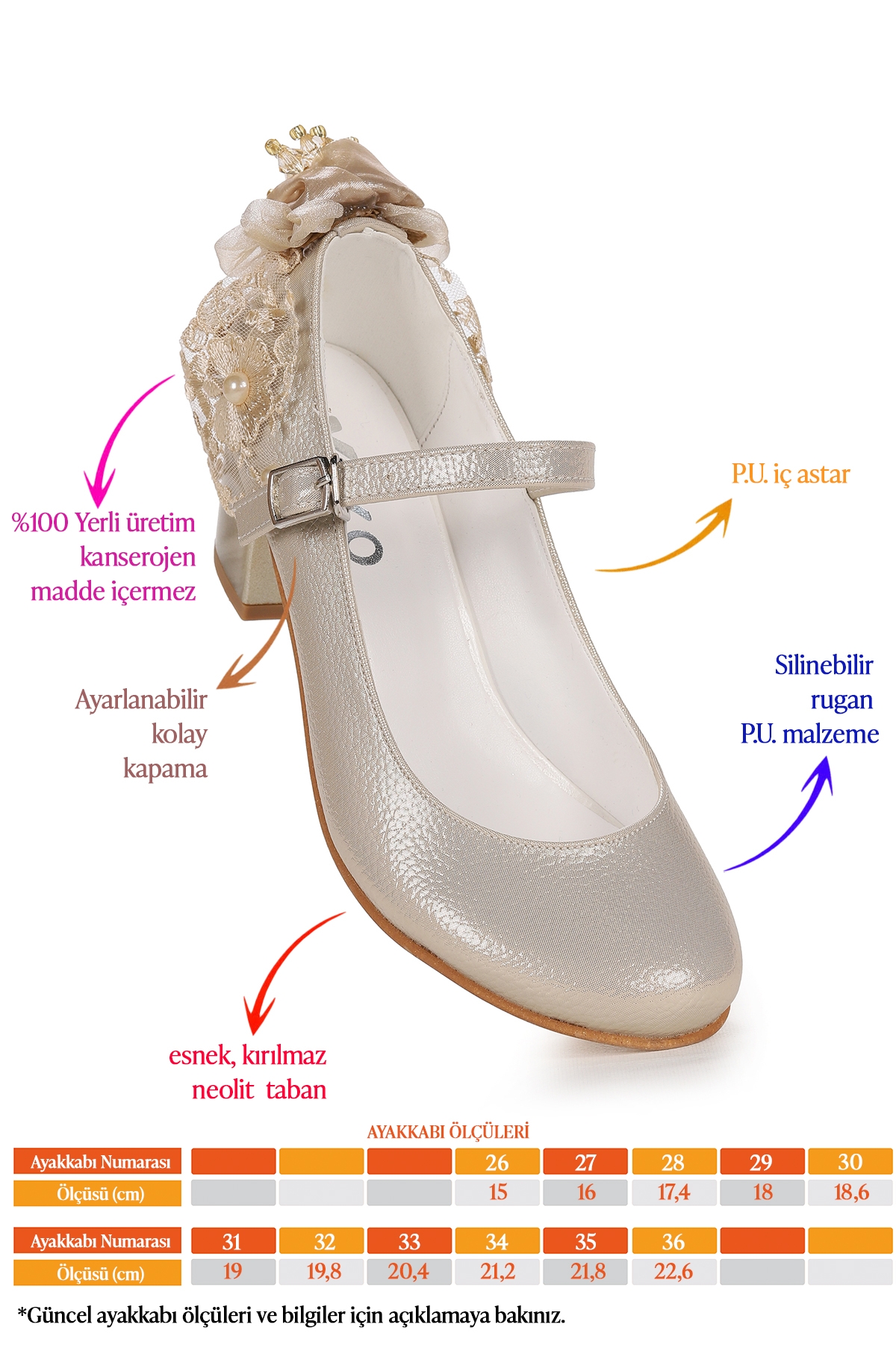 Cara Vakko Günlük Kız Çocuk 4 Cm Topuklu Abiye Ayakkabı Altın - Görsel 3