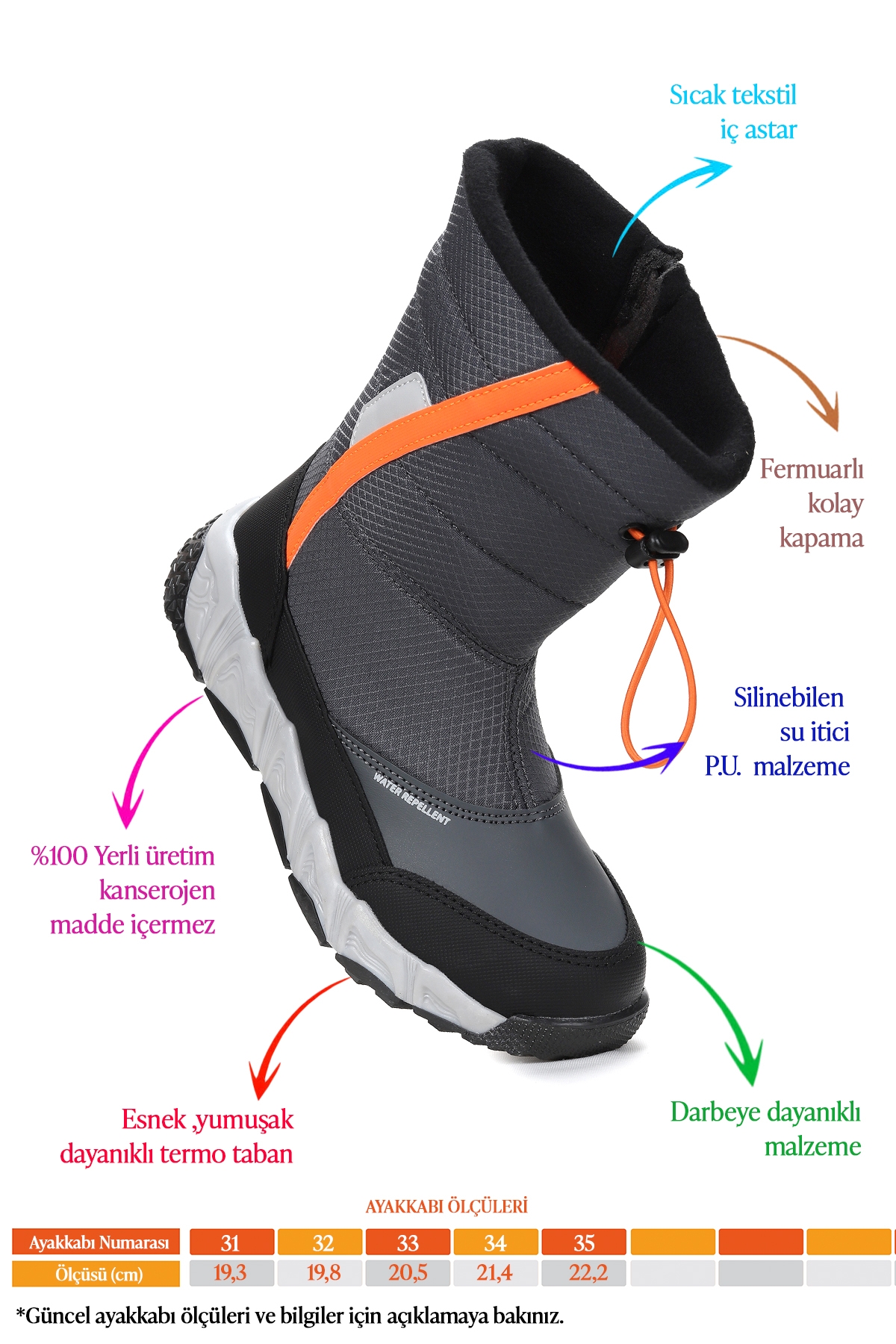 Kiko Kids Kiko Kids Gri Molina Suya Dayanıklı Fermuarlı Kız/Erkek Çocuk Kar Bot Ayakkabı Füme | Flo Gri - 3. görsel