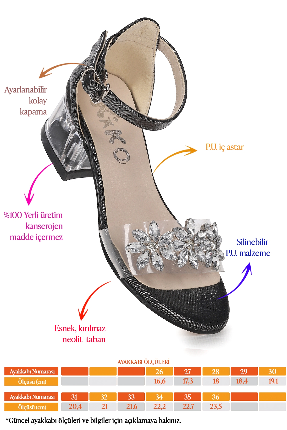 Yangu Vakko Taşlı Kız Çocuk 3 Cm Şeffaf Topuklu Sandalet Abiye Ayakkabı Platin - Görsel 3