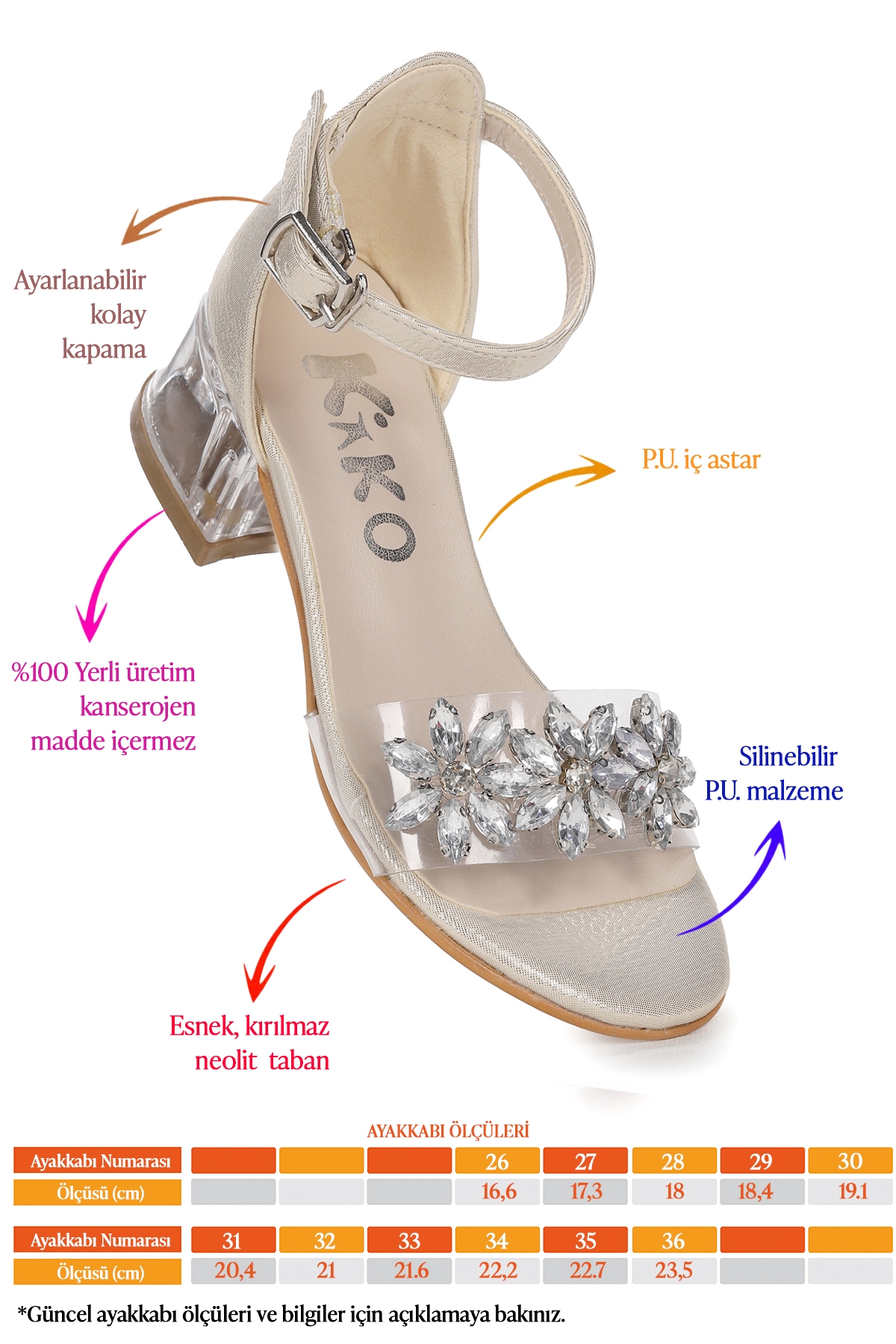 Yangu Vakko Taşlı Kız Çocuk 3 Cm Şeffaf Topuklu Sandalet Abiye Ayakkabı Altın - Görsel 3