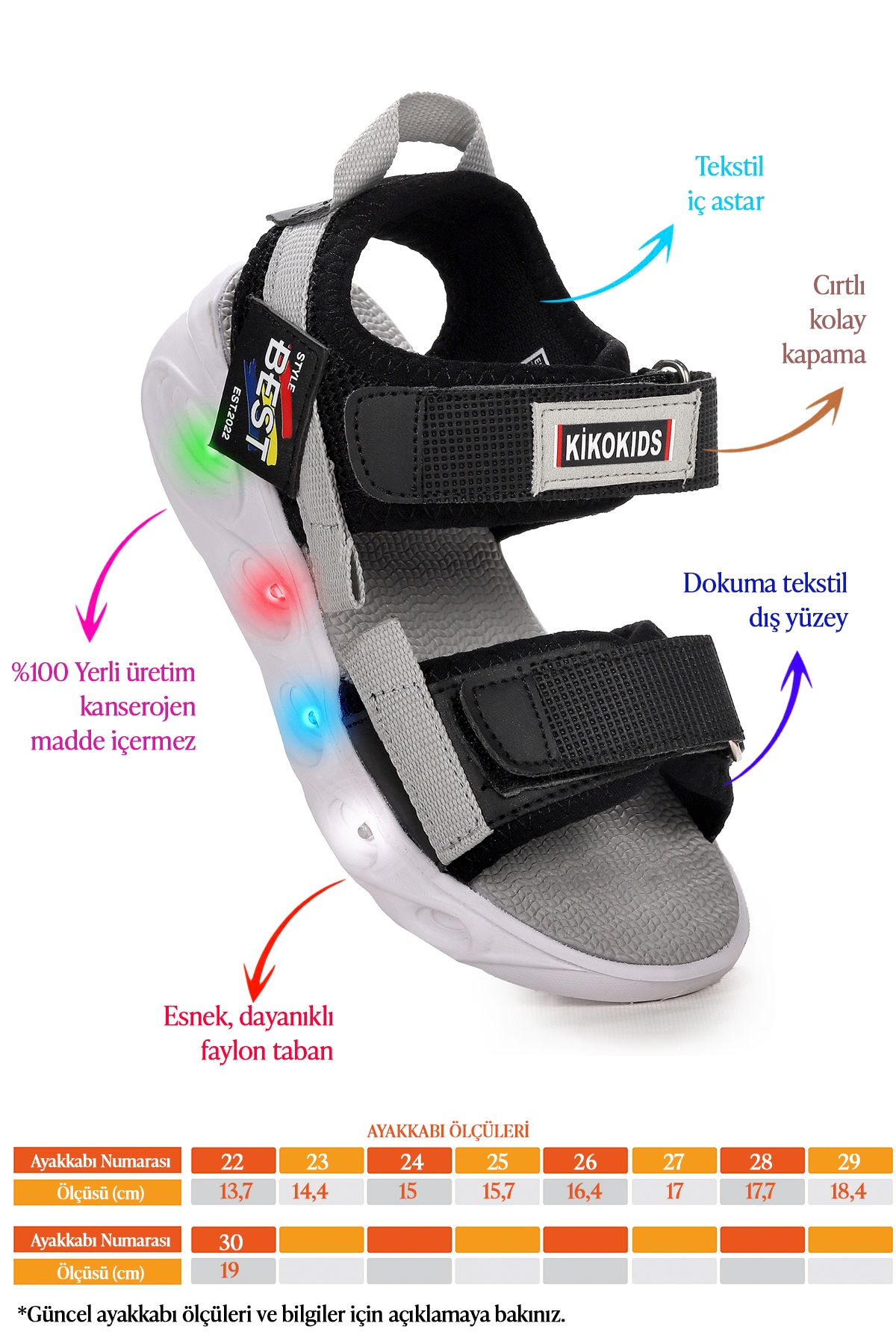 Best Işıklı Kız/Erkek Çocuk Cırtlı Sandalet Ayakkabı Siyah - Gri - Görsel 3