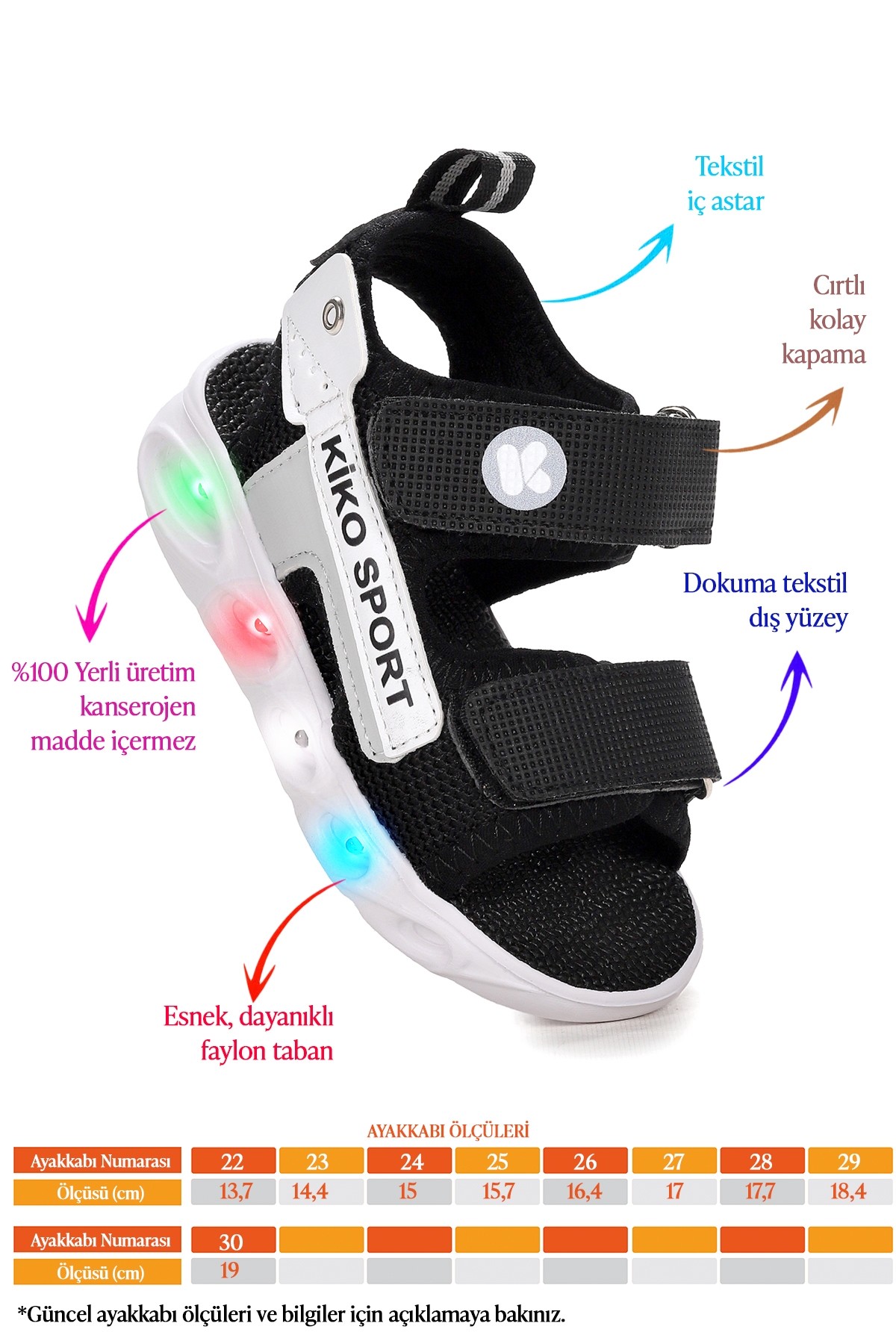 Capala Işıklı Kız/Erkek Çocuk Cırtlı Sandalet Ayakkabı Siyah - Gri - Görsel 3