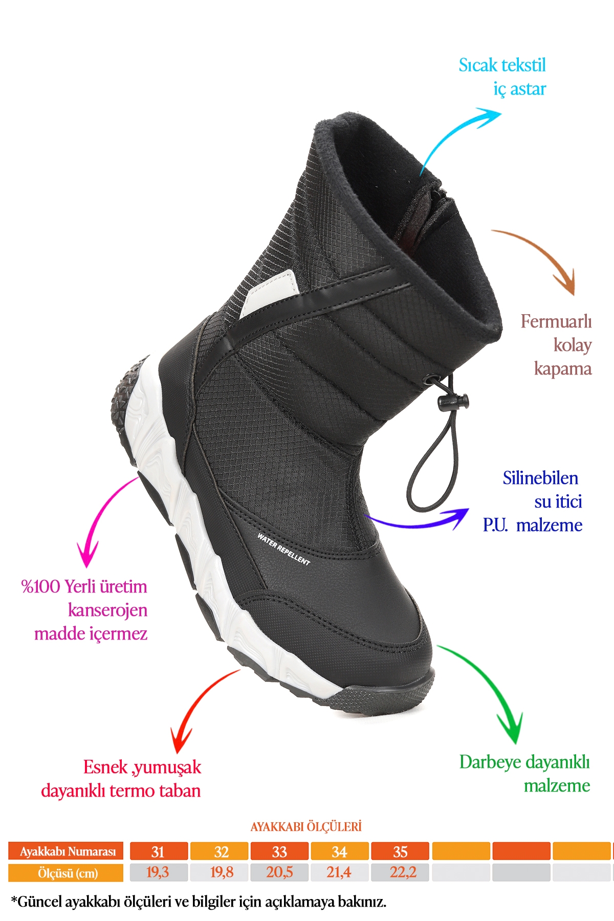 Molina Suya Dayanıklı Fermuarlı Kız/Erkek Çocuk Kar Bot Ayakkabı Siyah - Görsel 3
