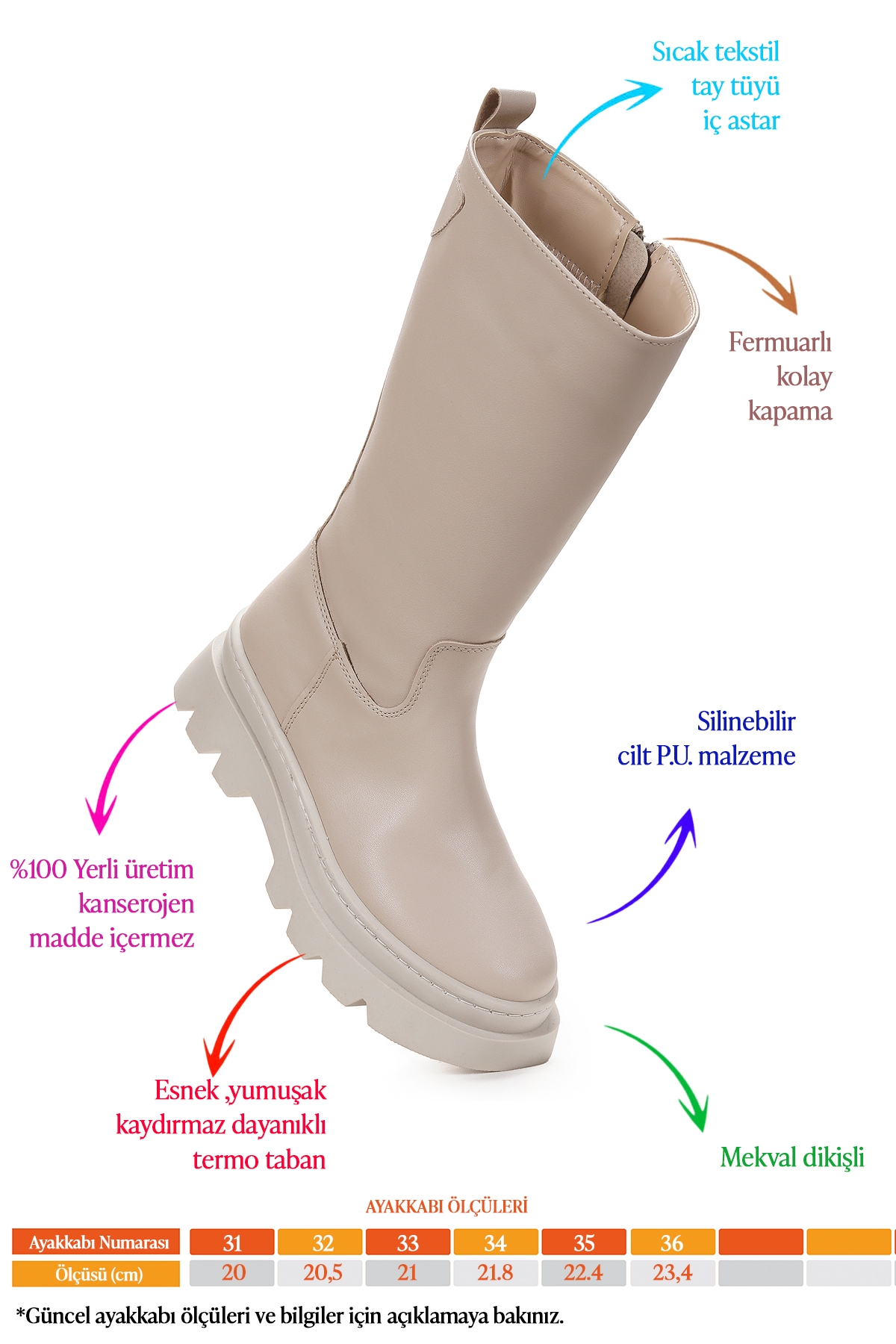 Metvay Uzun Fermuarlı Kız Çocuk Çizme Bot Bej - Görsel 3