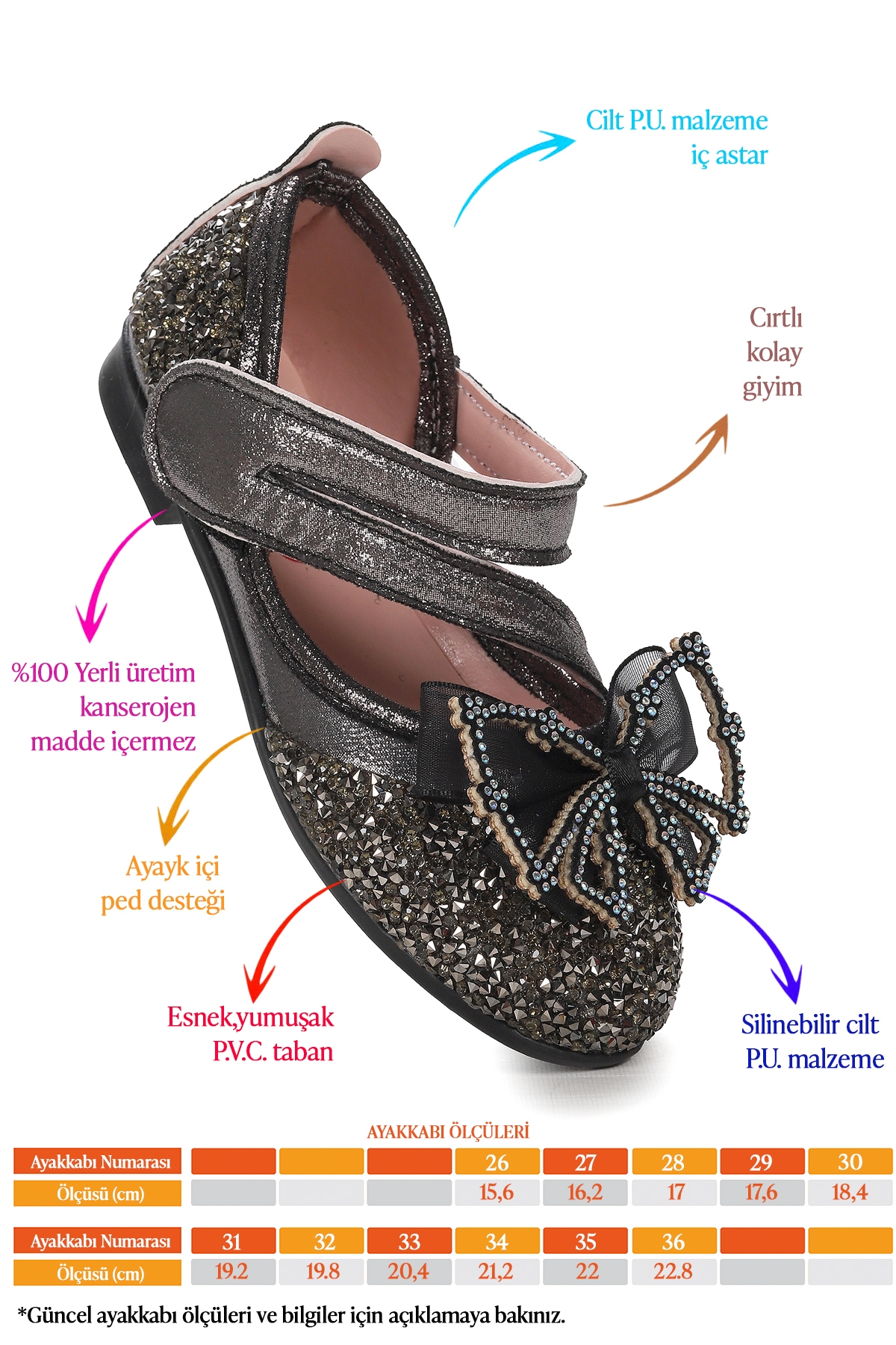 Maena Vakko Cırtlı Fiyonklu Kız Çocuk Babet Ayakkabı Platin - Görsel 3