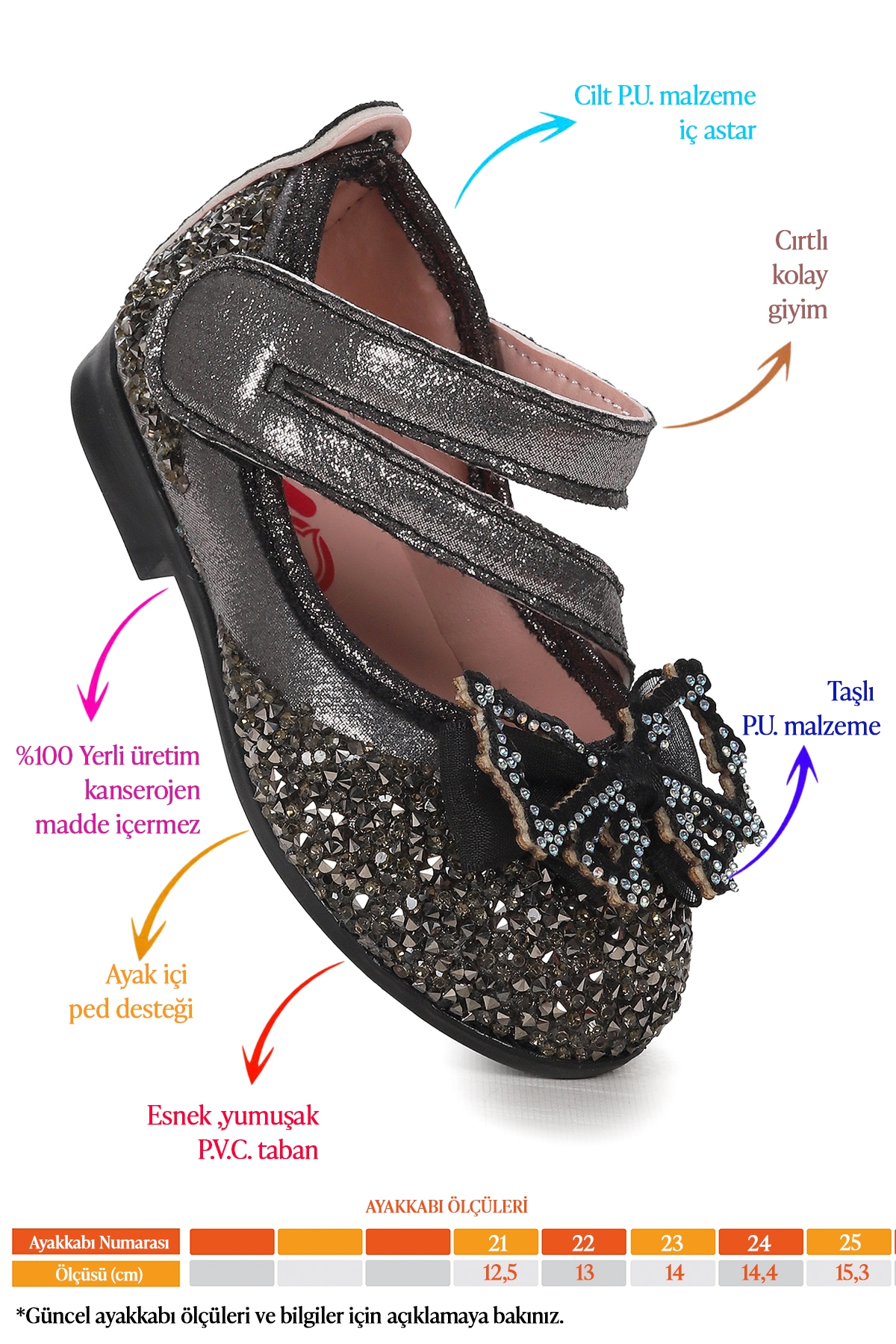 Maena Vakko Cırtlı Fiyonklu Kız Bebek Babet Ayakkabı Platin - Görsel 3