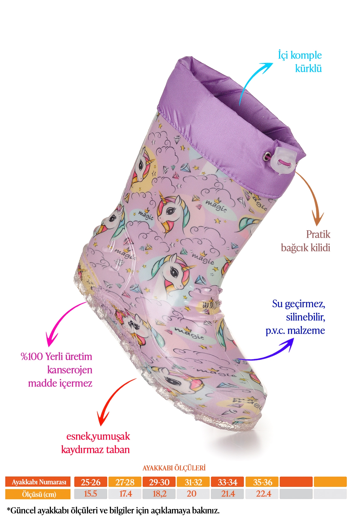 Unicorn Su Geçirmez Kız Çocuk Yağmur Çizmesi Lila - Turkuaz - Görsel 3