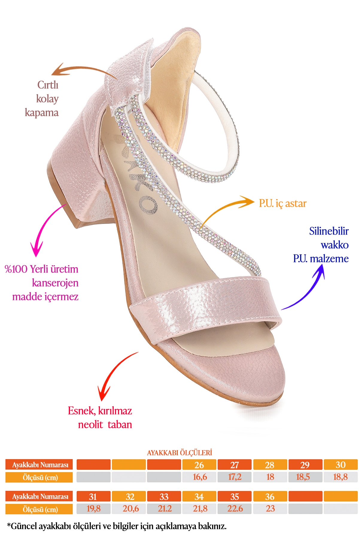 Pisar Vakko Günlük Kız Çocuk 4 Cm Topuklu Sandalet Abiye Ayakkabı Pudra - Görsel 3