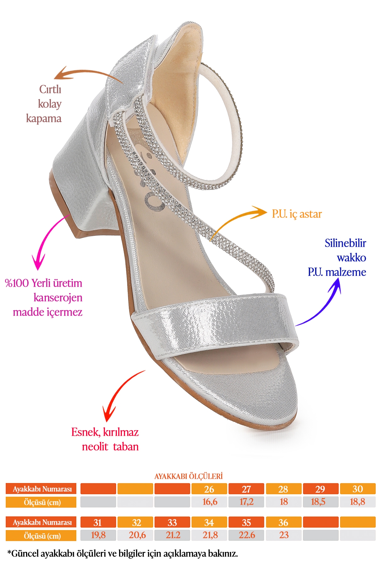 Pisar Vakko Günlük Kız Çocuk 4 Cm Topuklu Sandalet Abiye Ayakkabı Gümüş - Görsel 3