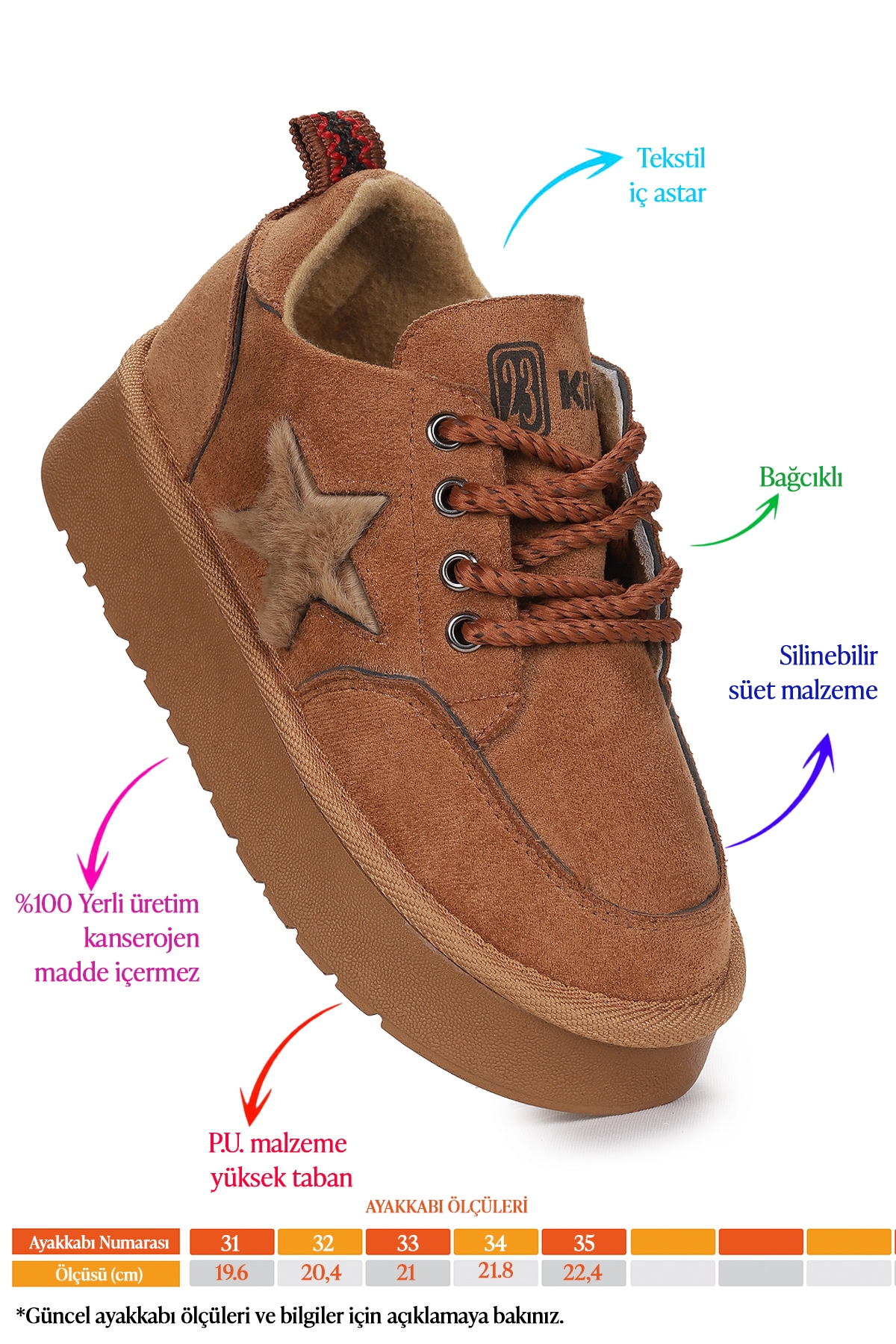 Parva Bağcıklı Kız Çocuk Günlük Spor Bot Ayakkabı Taba - Görsel 3