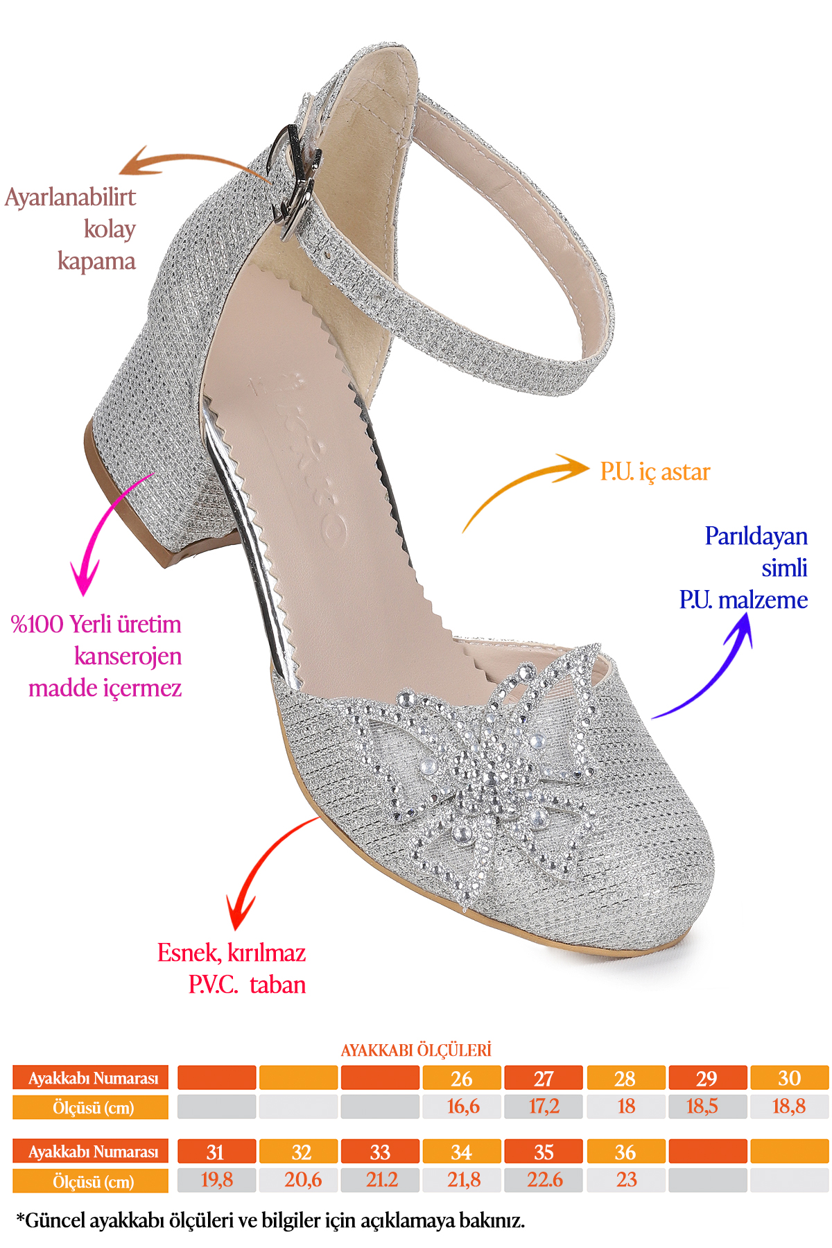 Zete Kum Simli Kız Çocuk 4 Cm Topuklu Abiye Ayakkabı Gümüş - Görsel 3