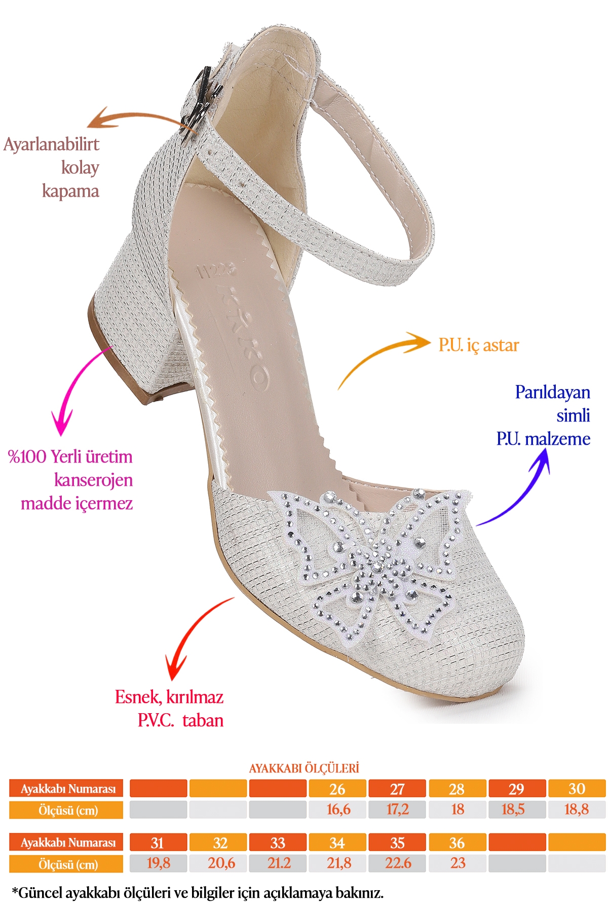 Zete Kum Simli Kız Çocuk 4 Cm Topuklu Abiye Ayakkabı Beyaz - Görsel 3